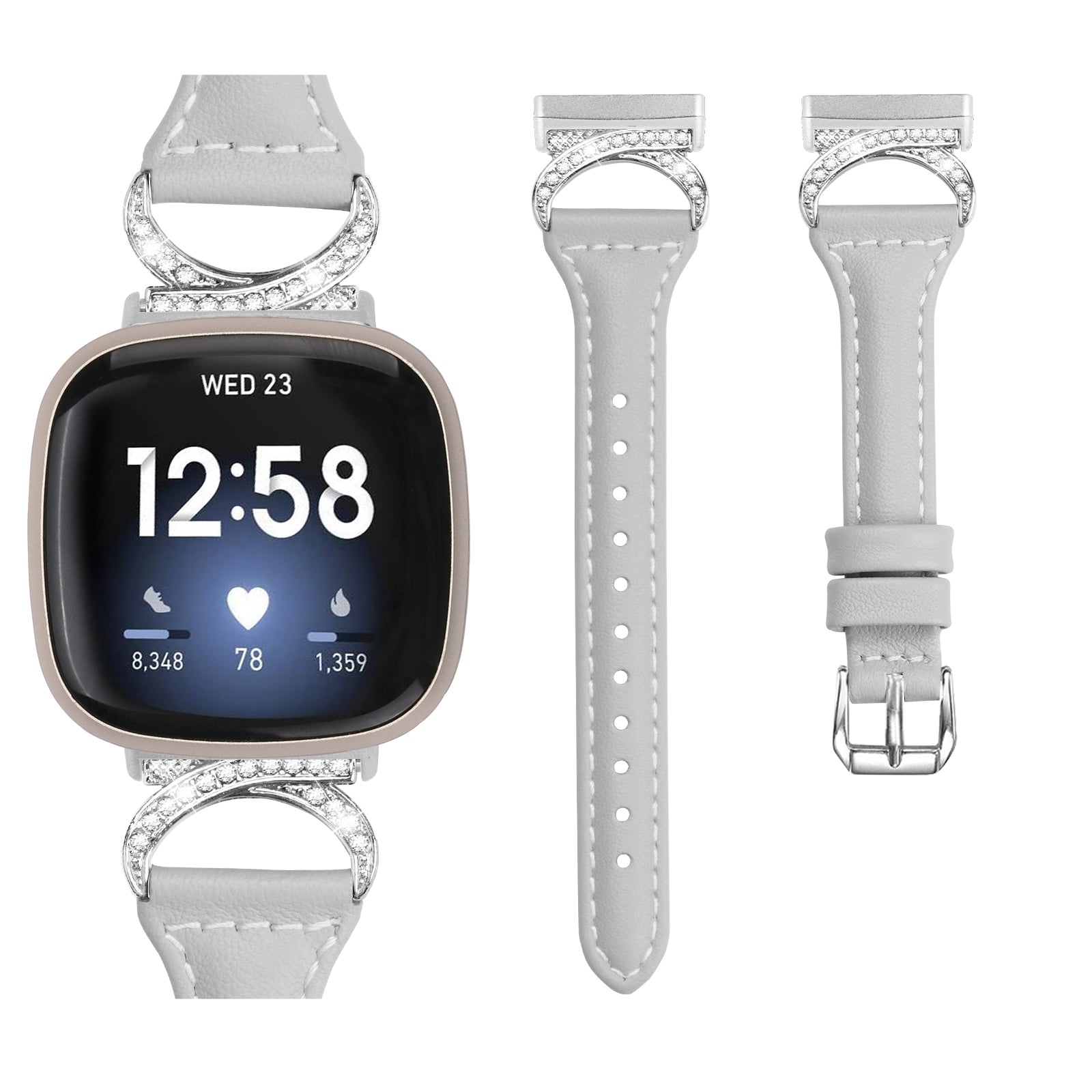 For Fitbit Versa 3 Versa 4 Sense Sense 2 Watch Band Rhinestone Genuine Cowhide Leather Strap with Silver Buckle