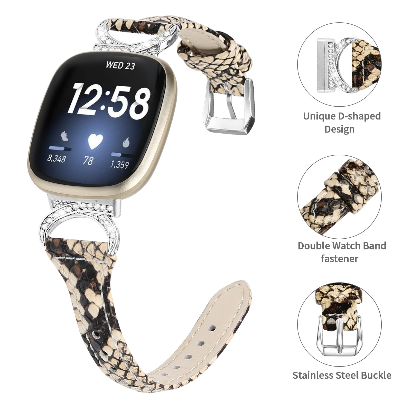 For Fitbit Versa 3 Versa 4 Sense Sense 2 Watch Band Rhinestone Genuine Cowhide Leather Strap with Silver Buckle