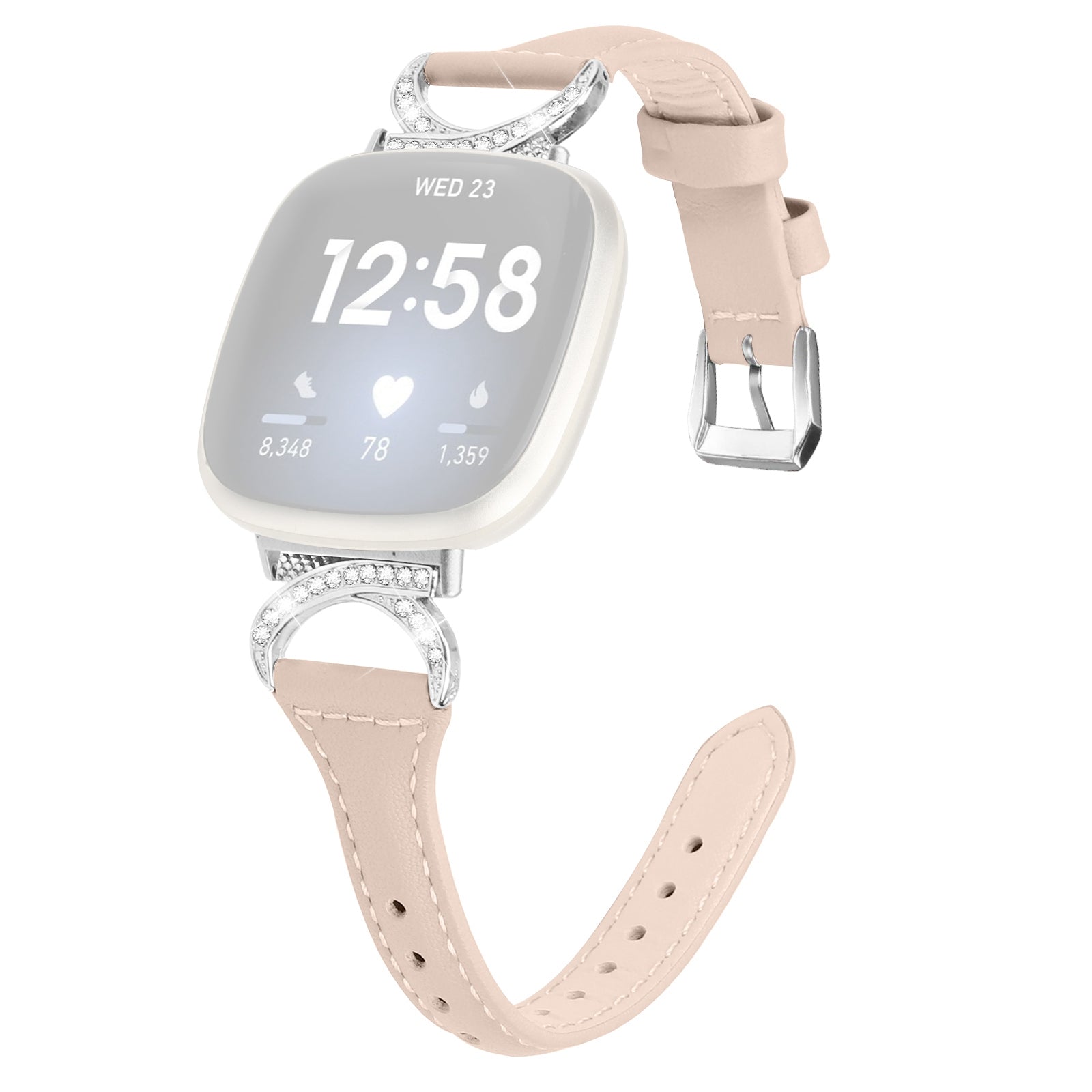 For Fitbit Versa 3 Versa 4 Sense Sense 2 Watch Band Rhinestone Genuine Cowhide Leather Strap with Silver Buckle