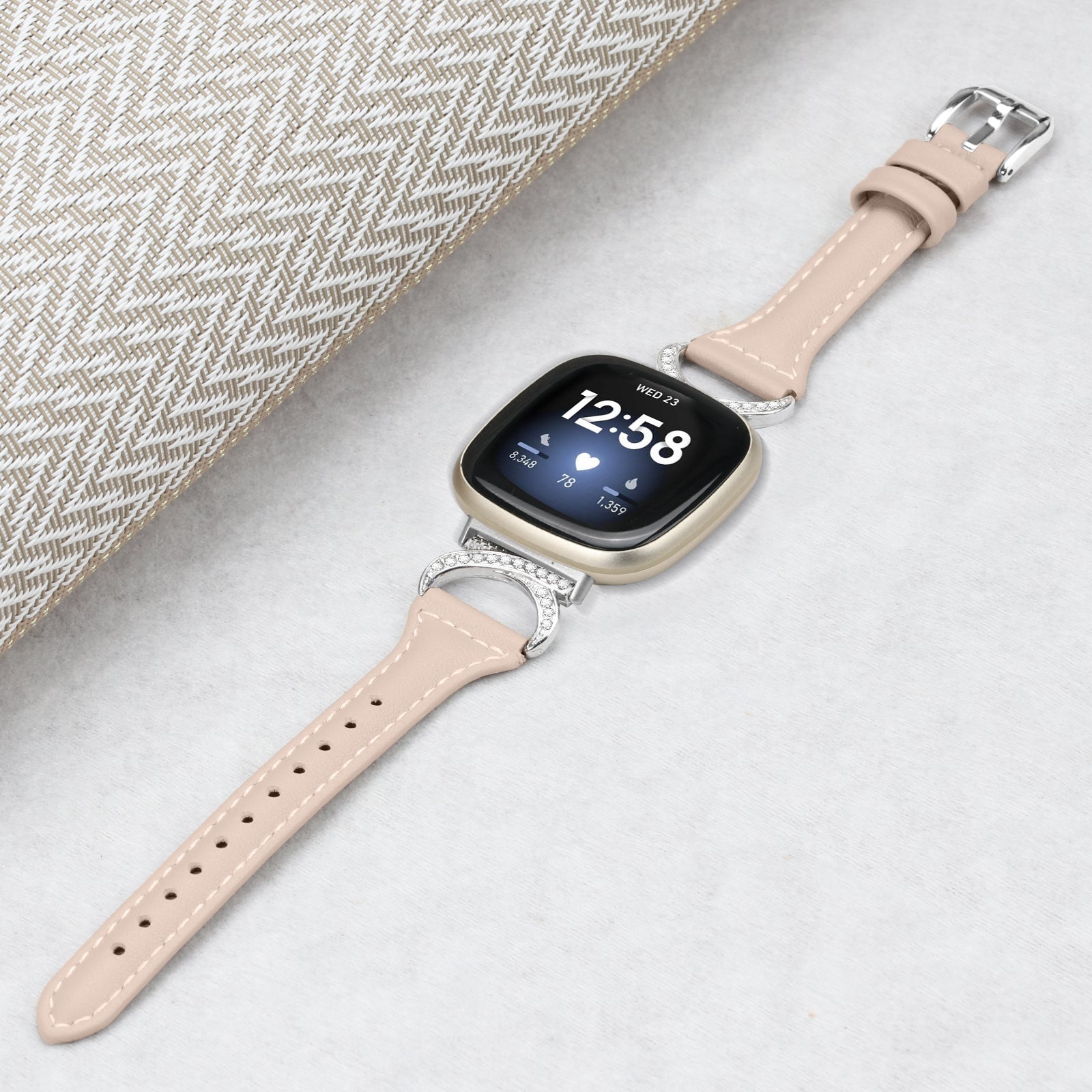 For Fitbit Versa 3 Versa 4 Sense Sense 2 Watch Band Rhinestone Genuine Cowhide Leather Strap with Silver Buckle