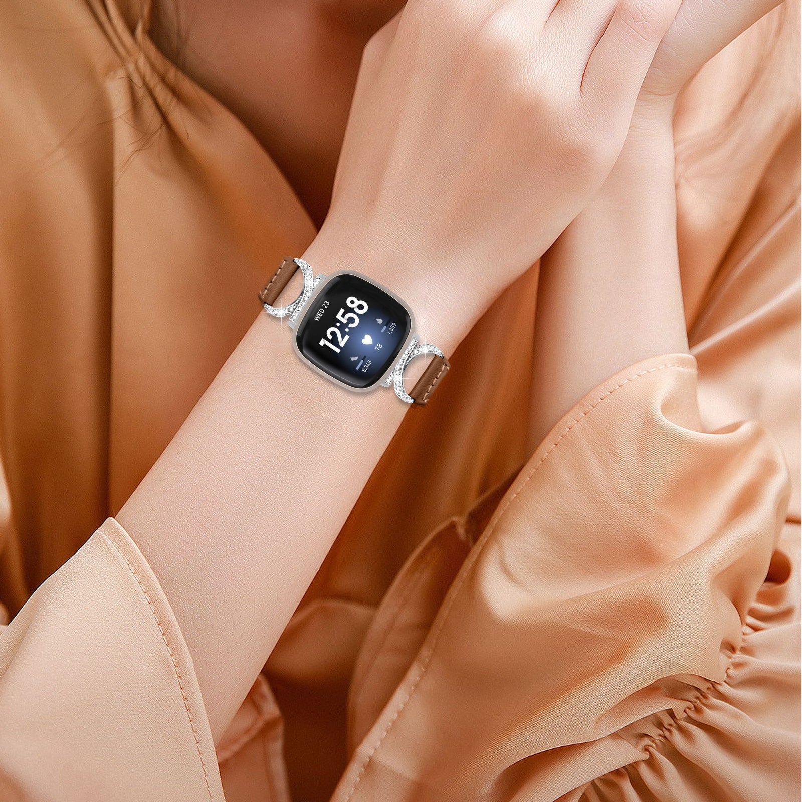For Fitbit Versa 3 Versa 4 Sense Sense 2 Watch Band Rhinestone Genuine Cowhide Leather Strap with Silver Buckle