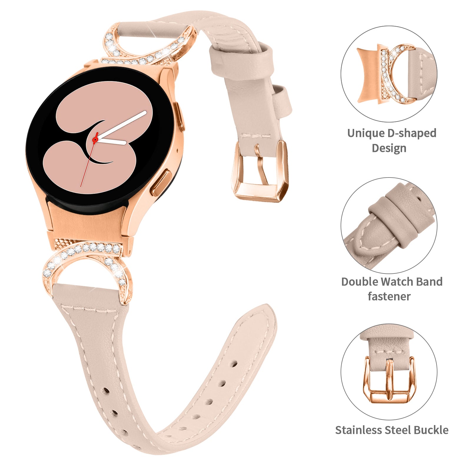 For Samsung Galaxy Watch6 40mm 44mm Watch6 Classic 43mm 47mm Watch 5 40mm 44mm Watch4 40mm 44mm Leather Watch Band Rhinestone Wrist Strap with Rose Gold Buckle