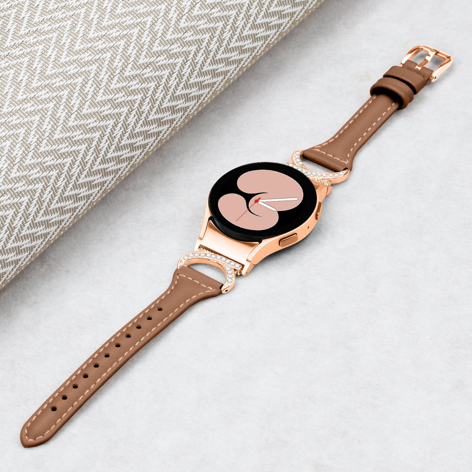 For Samsung Galaxy Watch6 40mm 44mm Watch6 Classic 43mm 47mm Watch 5 40mm 44mm Watch4 40mm 44mm Leather Watch Band Rhinestone Wrist Strap with Rose Gold Buckle