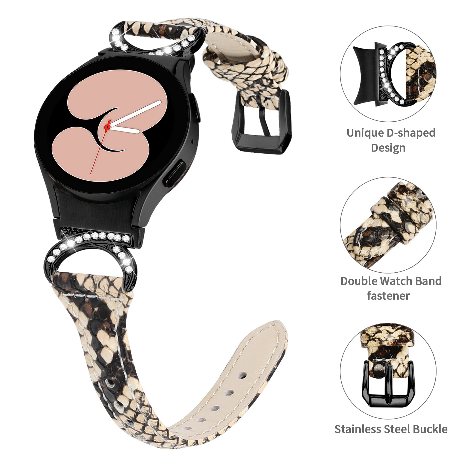 For Samsung Galaxy Watch6 40mm 44mm Watch6 Classic 43mm 47mm Watch 5 40mm 44mm Watch4 40mm 44mm Watchband Rhinestone Leather Wrist Strap with Black Buckle