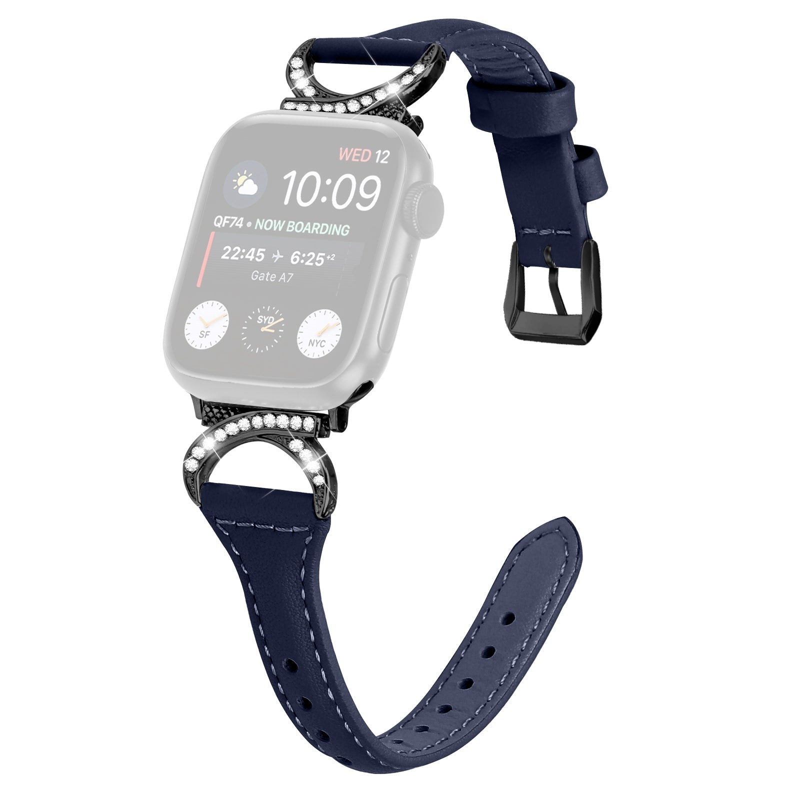 Genuine Cowhide Leather Watch Band for Apple Watch 9 8 7 41mm 6 5 4 SE (2022) SE (2023) SE 40mm 3 2 1 38mm Rhinestone Decor Strap with Black Buckle