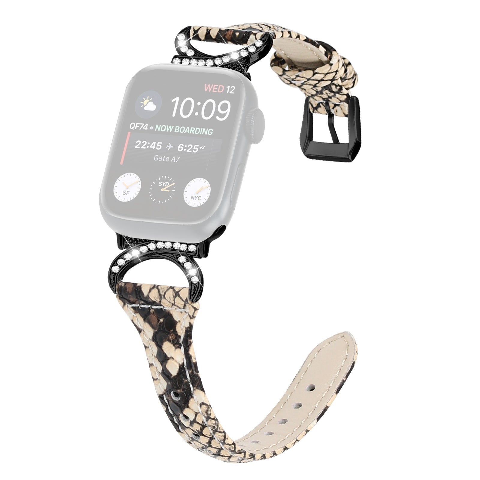 Genuine Cowhide Leather Watch Band for Apple Watch 9 8 7 41mm 6 5 4 SE (2022) SE (2023) SE 40mm 3 2 1 38mm Rhinestone Decor Strap with Black Buckle