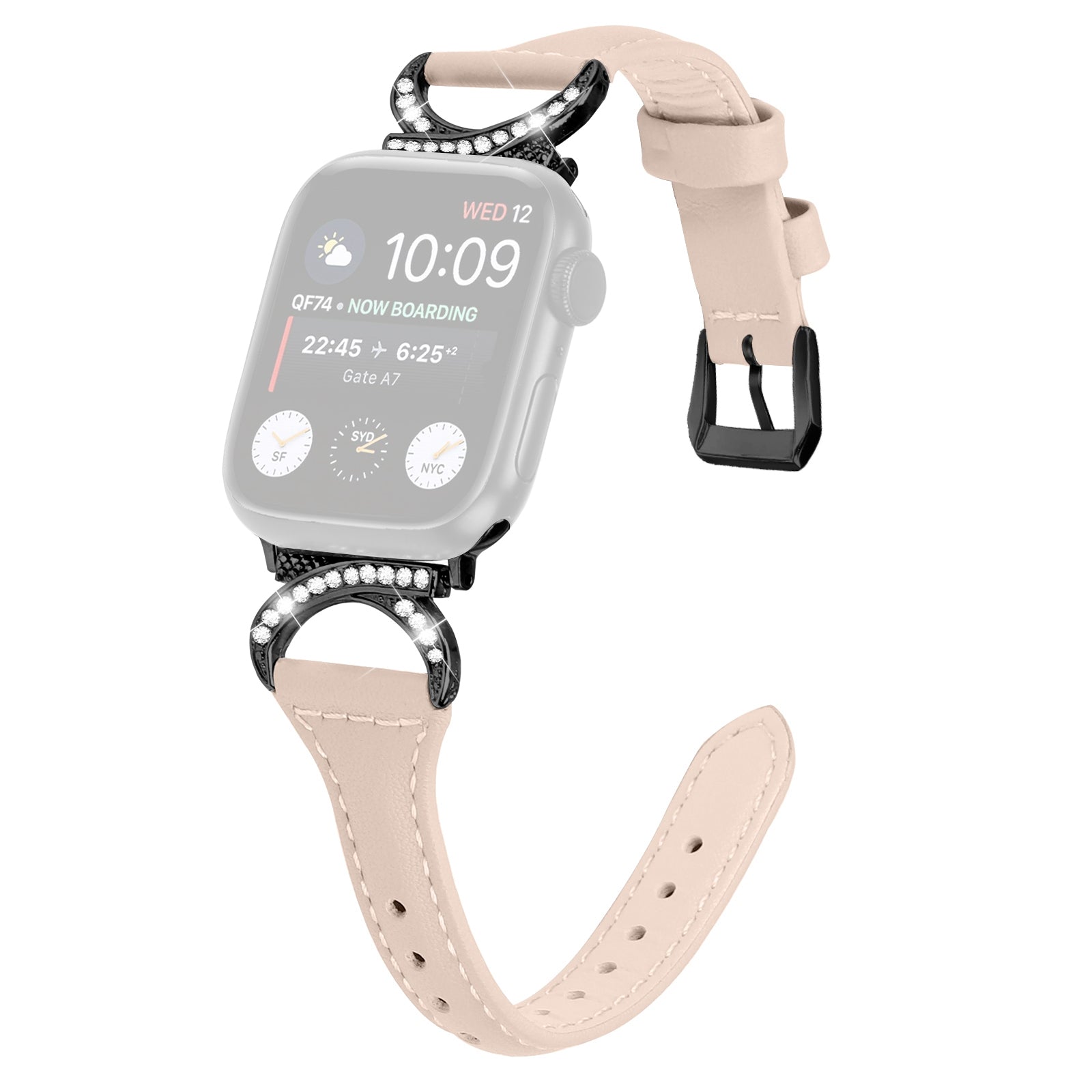 Genuine Cowhide Leather Watch Band for Apple Watch 9 8 7 41mm 6 5 4 SE (2022) SE (2023) SE 40mm 3 2 1 38mm Rhinestone Decor Strap with Black Buckle