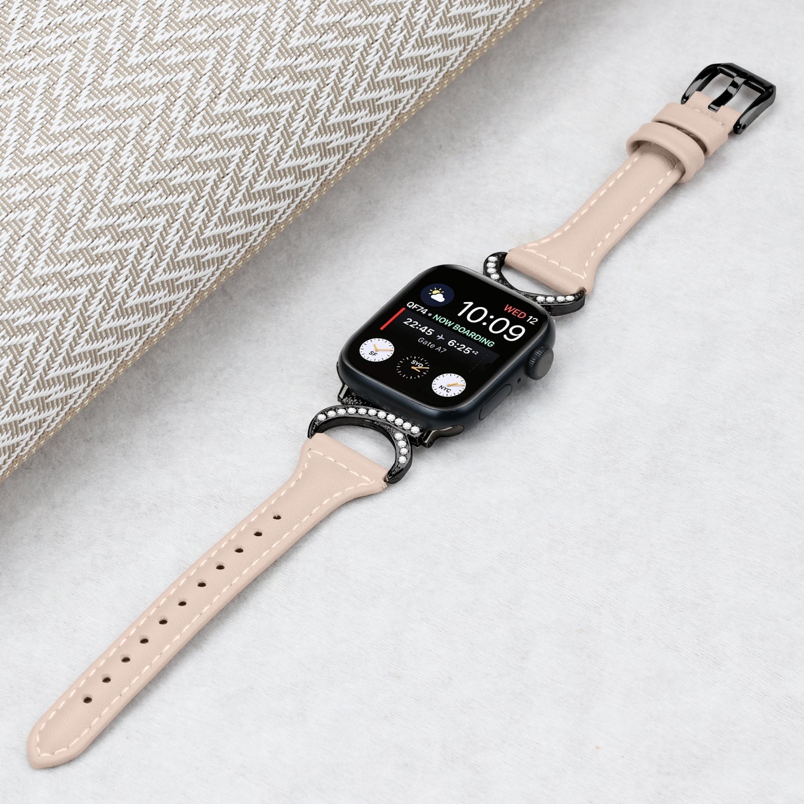 Genuine Cowhide Leather Watch Band for Apple Watch 9 8 7 41mm 6 5 4 SE (2022) SE (2023) SE 40mm 3 2 1 38mm Rhinestone Decor Strap with Black Buckle