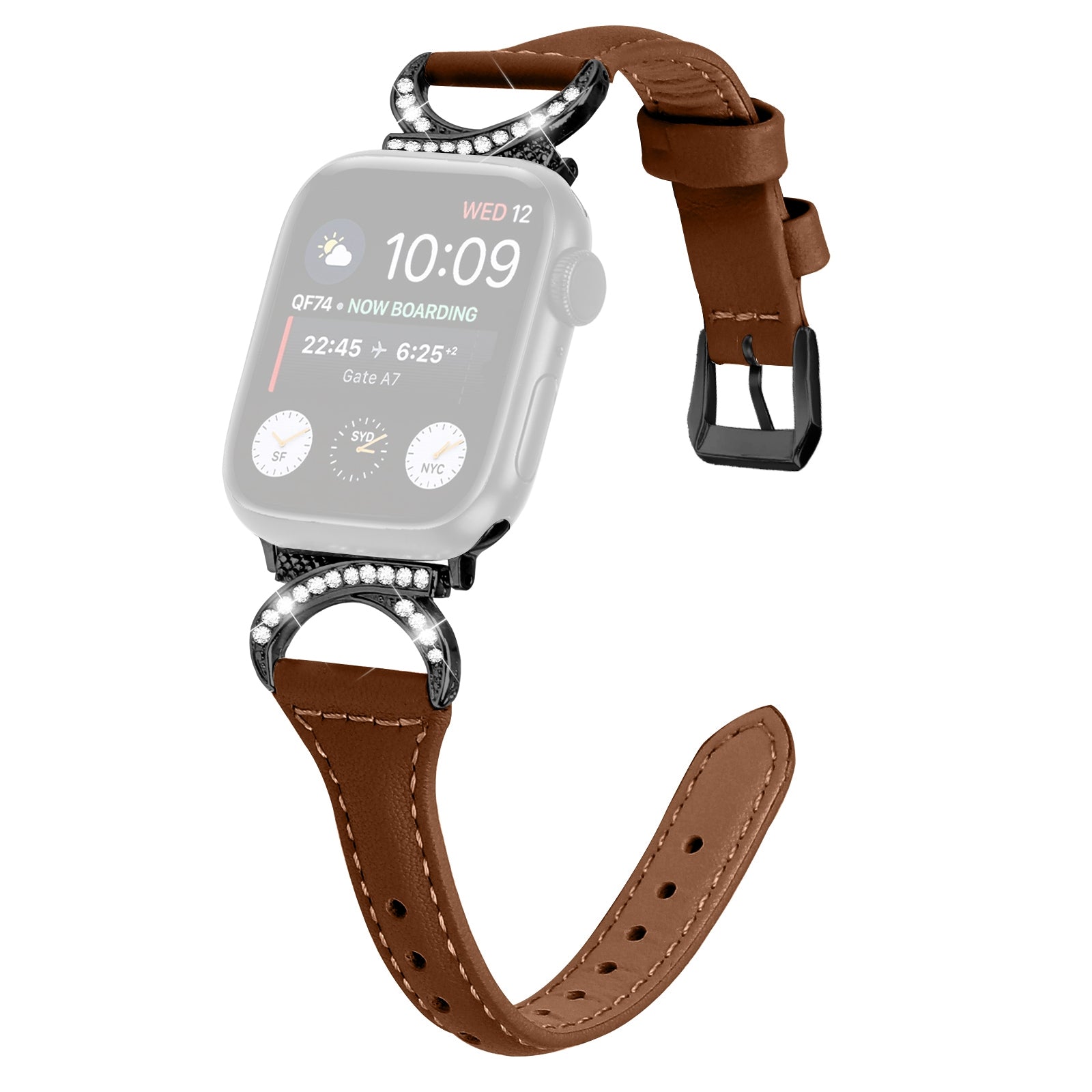 Genuine Cowhide Leather Watch Band for Apple Watch 9 8 7 41mm 6 5 4 SE (2022) SE (2023) SE 40mm 3 2 1 38mm Rhinestone Decor Strap with Black Buckle