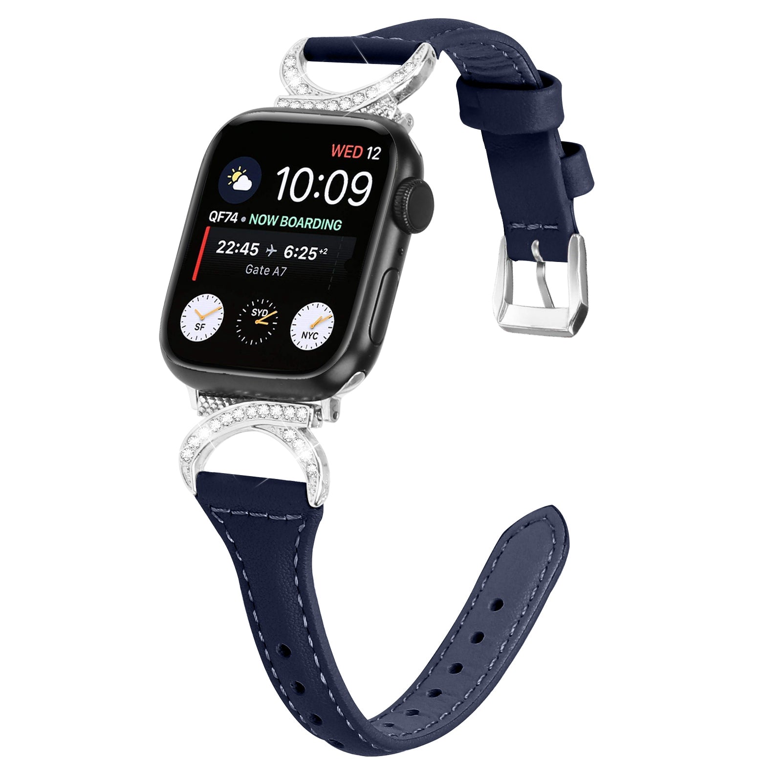 Watch Band for Apple Watch 9 8 7 41mm 6 5 4 SE (2022) SE (2023) SE 40mm 3 2 1 38mm Genuine Cowhide Leather Rhinestone Decor Bracelet Strap with Silver Buckle