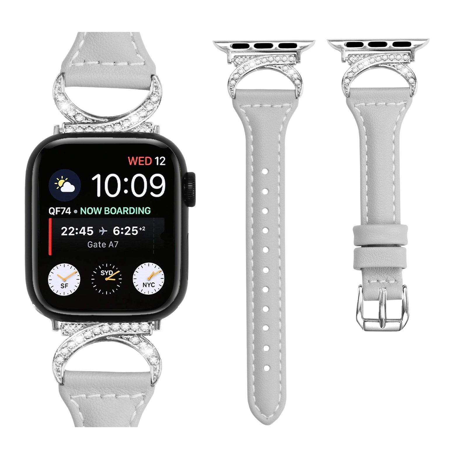 Watch Band for Apple Watch 9 8 7 41mm 6 5 4 SE (2022) SE (2023) SE 40mm 3 2 1 38mm Genuine Cowhide Leather Rhinestone Decor Bracelet Strap with Silver Buckle