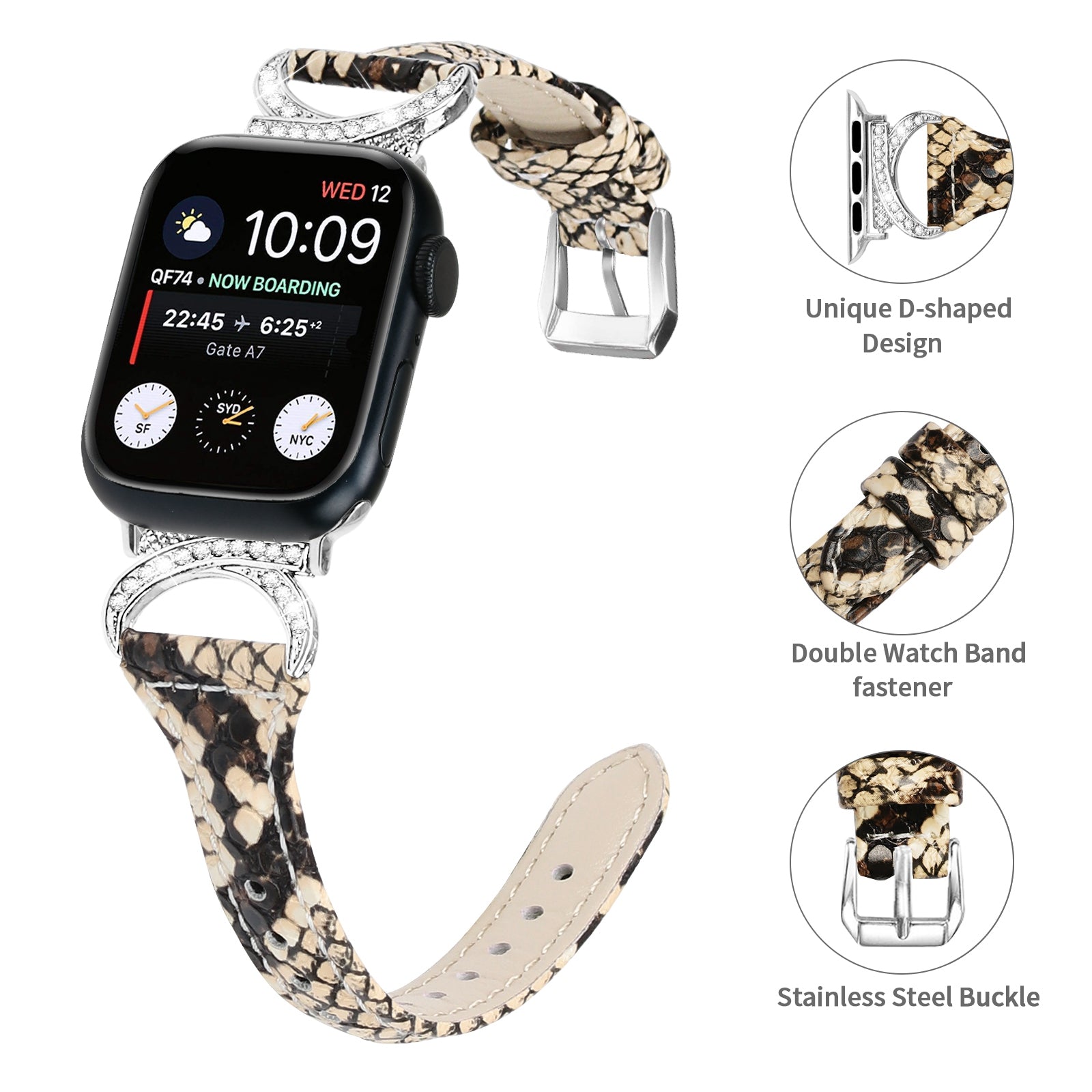 Watch Band for Apple Watch 9 8 7 41mm 6 5 4 SE (2022) SE (2023) SE 40mm 3 2 1 38mm Genuine Cowhide Leather Rhinestone Decor Bracelet Strap with Silver Buckle