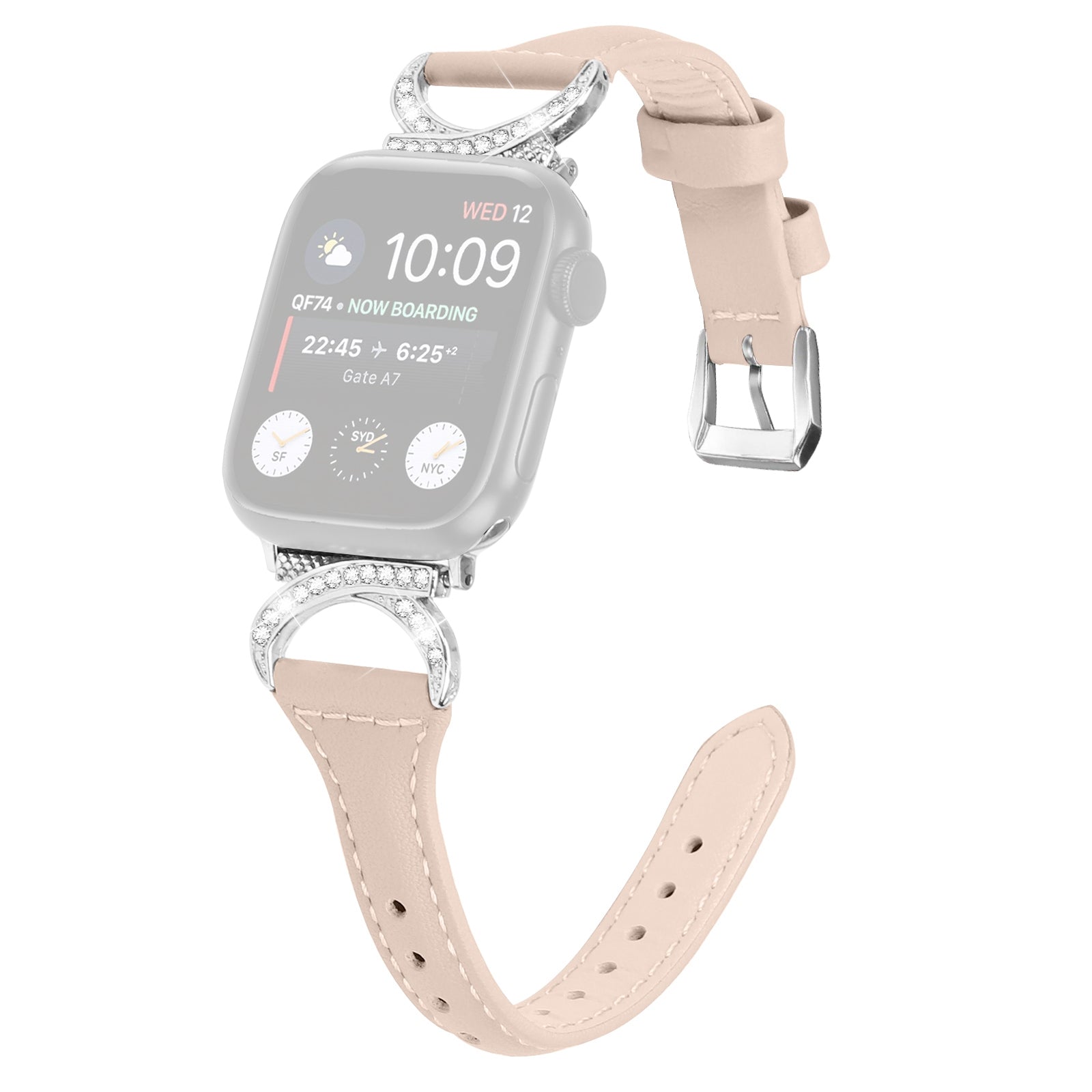 Watch Band for Apple Watch 9 8 7 41mm 6 5 4 SE (2022) SE (2023) SE 40mm 3 2 1 38mm Genuine Cowhide Leather Rhinestone Decor Bracelet Strap with Silver Buckle