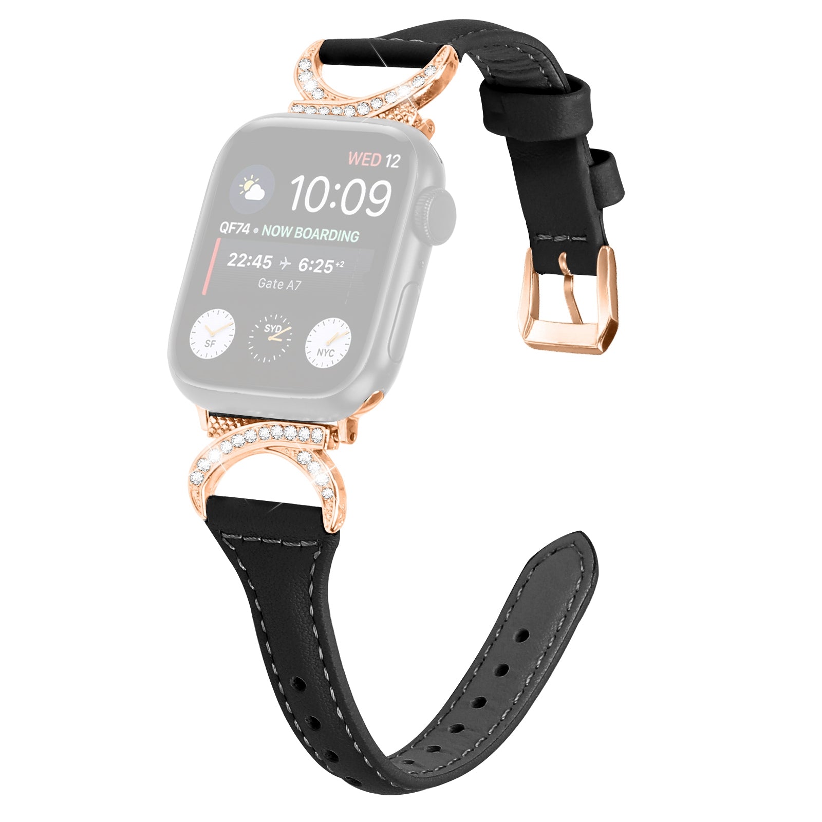 Genuine Cowhide Leather Band for Apple Watch Series 9 8 7 41mm 6 5 4 SE SE (2022) SE (2023) 40mm Series 3 2 1 38mm Rhinestone Decor Watch Strap with Rose Gold Buckle