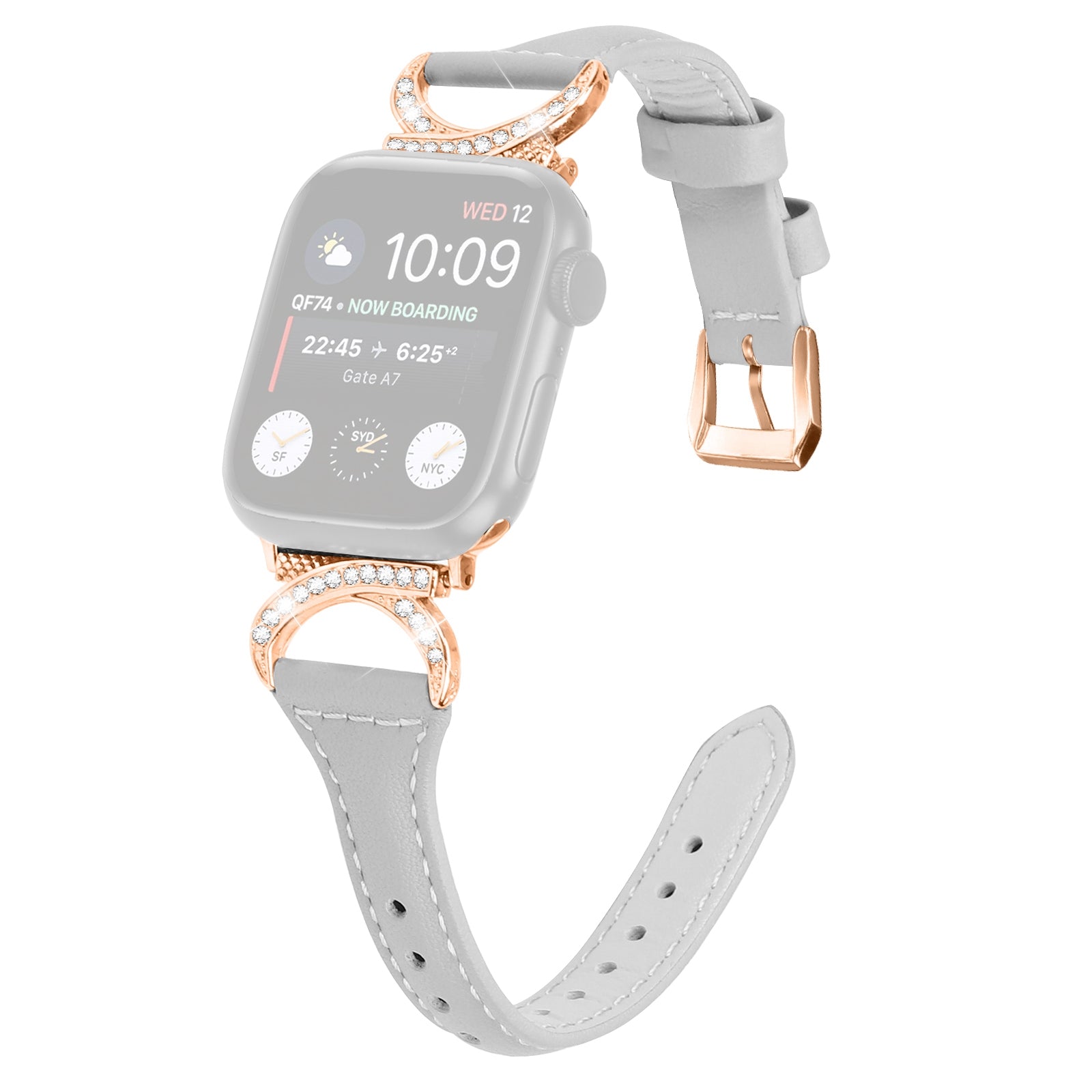 Genuine Cowhide Leather Band for Apple Watch Series 9 8 7 41mm 6 5 4 SE SE (2022) SE (2023) 40mm Series 3 2 1 38mm Rhinestone Decor Watch Strap with Rose Gold Buckle