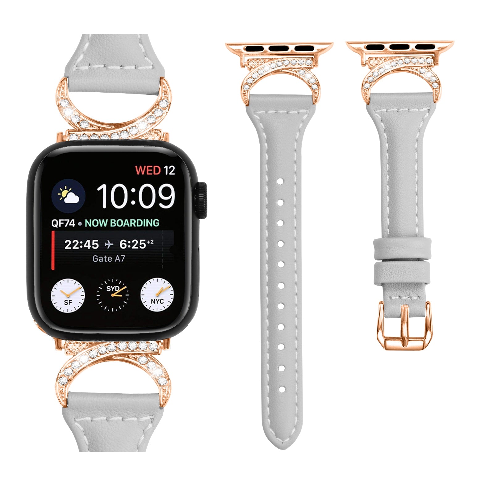 Genuine Cowhide Leather Band for Apple Watch Series 9 8 7 41mm 6 5 4 SE SE (2022) SE (2023) 40mm Series 3 2 1 38mm Rhinestone Decor Watch Strap with Rose Gold Buckle