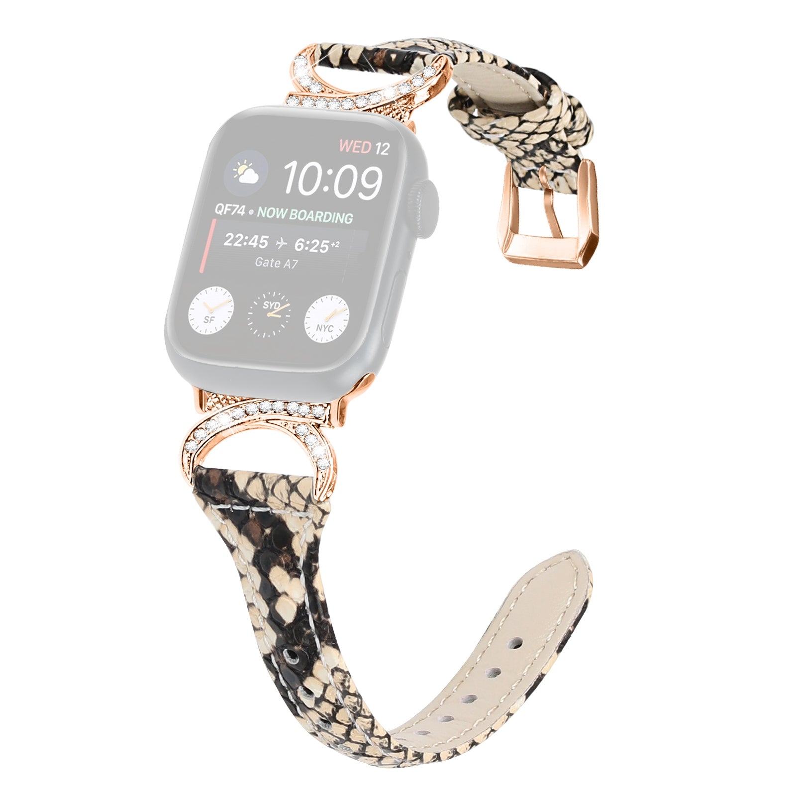 Genuine Cowhide Leather Band for Apple Watch Series 9 8 7 41mm 6 5 4 SE SE (2022) SE (2023) 40mm Series 3 2 1 38mm Rhinestone Decor Watch Strap with Rose Gold Buckle