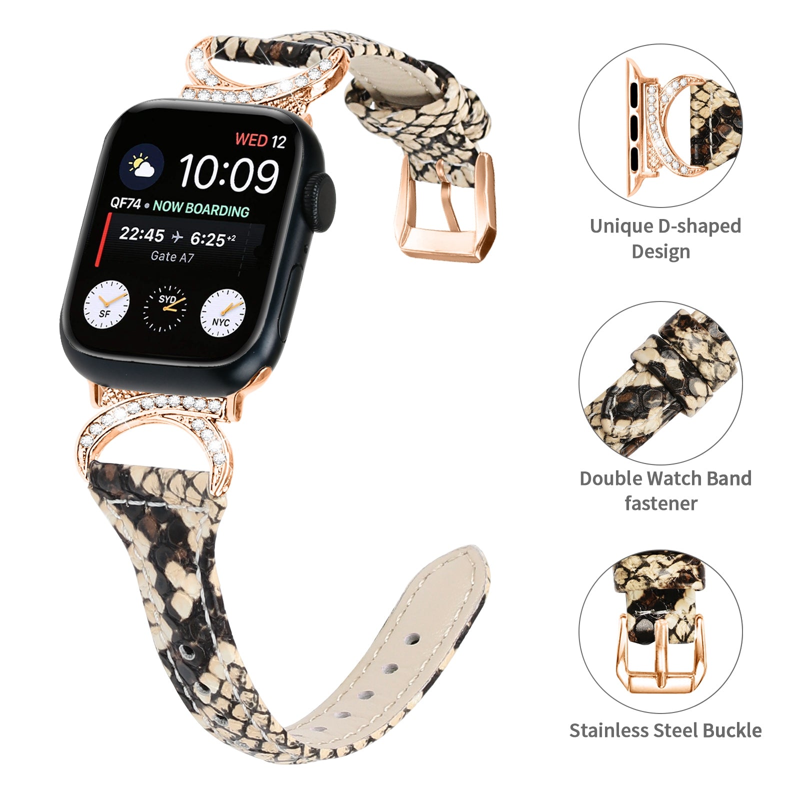 Genuine Cowhide Leather Band for Apple Watch Series 9 8 7 41mm 6 5 4 SE SE (2022) SE (2023) 40mm Series 3 2 1 38mm Rhinestone Decor Watch Strap with Rose Gold Buckle