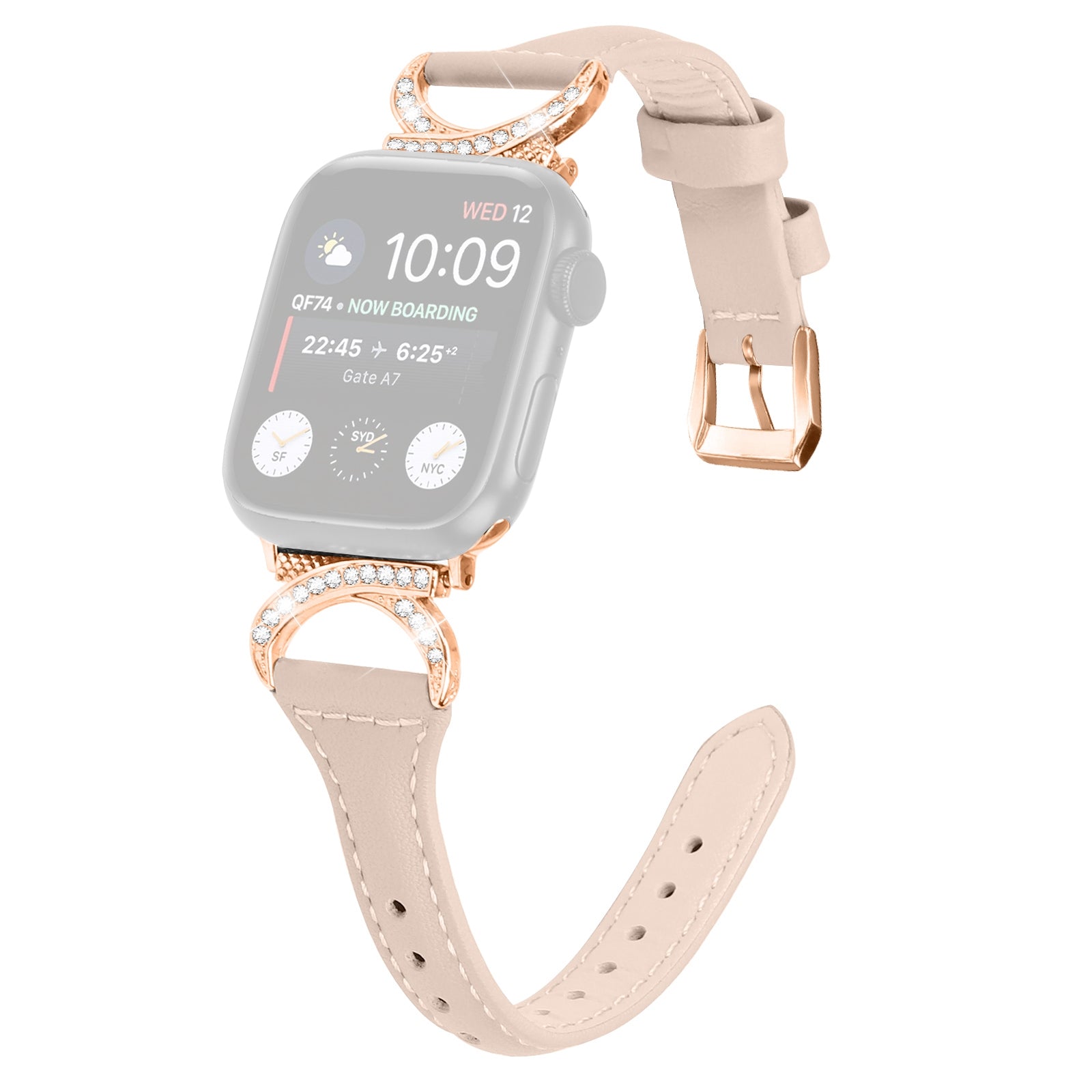 Genuine Cowhide Leather Band for Apple Watch Series 9 8 7 41mm 6 5 4 SE SE (2022) SE (2023) 40mm Series 3 2 1 38mm Rhinestone Decor Watch Strap with Rose Gold Buckle