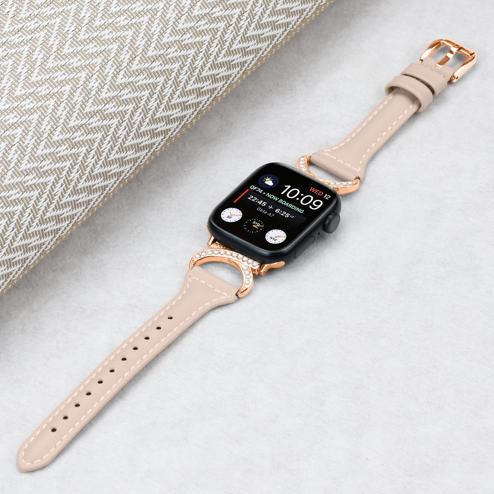 Genuine Cowhide Leather Band for Apple Watch Series 9 8 7 41mm 6 5 4 SE SE (2022) SE (2023) 40mm Series 3 2 1 38mm Rhinestone Decor Watch Strap with Rose Gold Buckle