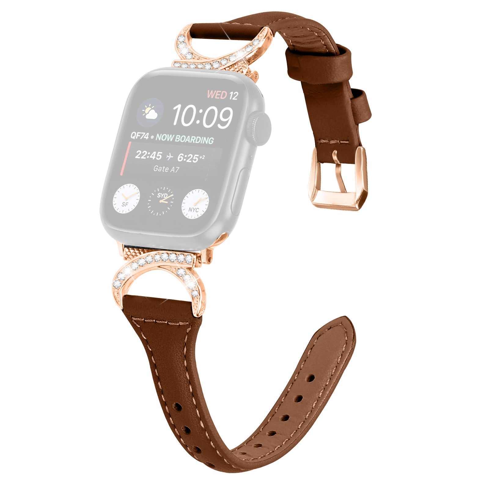 Genuine Cowhide Leather Band for Apple Watch Series 9 8 7 41mm 6 5 4 SE SE (2022) SE (2023) 40mm Series 3 2 1 38mm Rhinestone Decor Watch Strap with Rose Gold Buckle