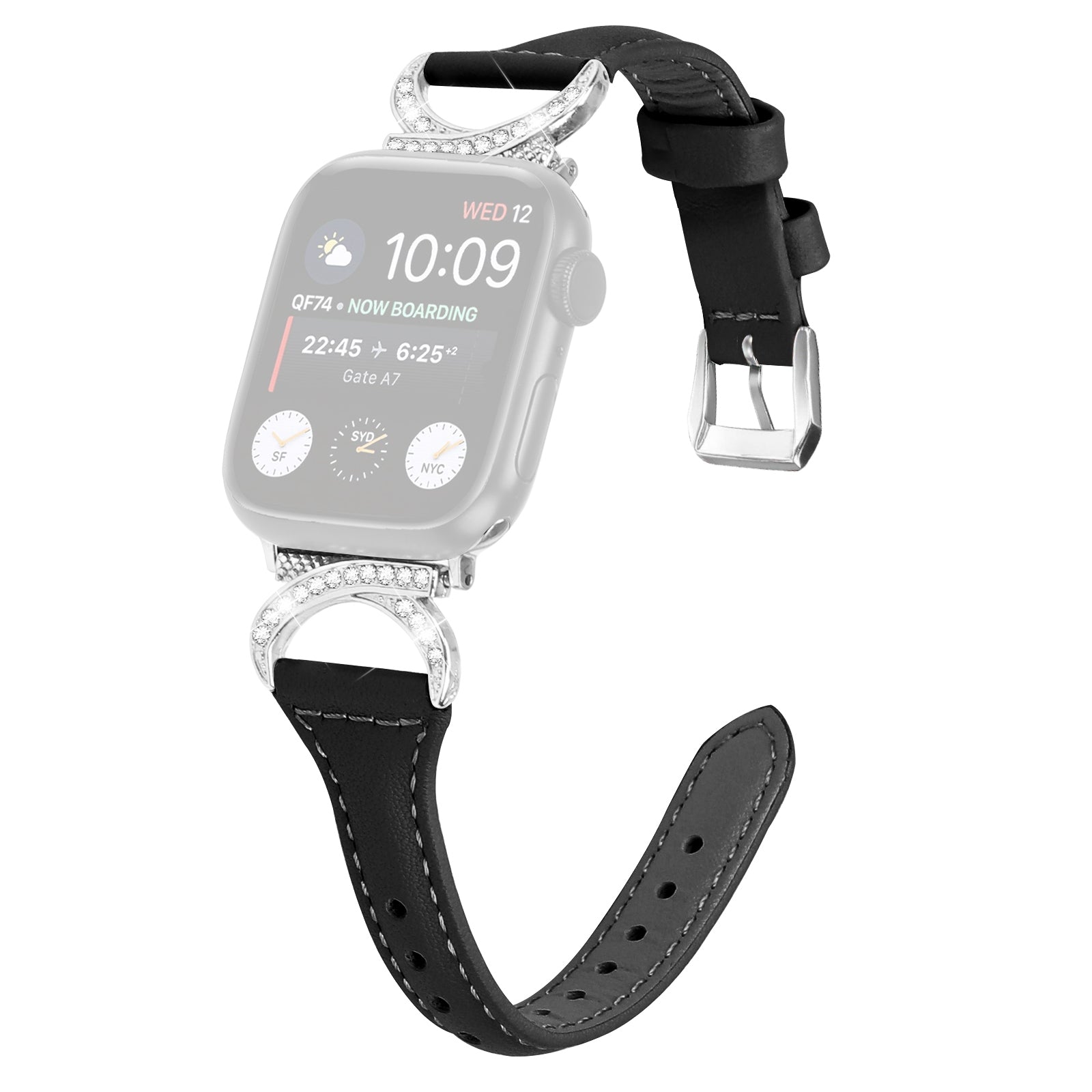 Genuine Cowhide Leather Strap for Apple Watch Ultra Ultra 2 49mm Series 8 7 9 45mm Series 6 5 4 SE (2022) SE 44mm Series 3 2 1 42mm Rhinestone Decor Watch Band with Silver Buckle