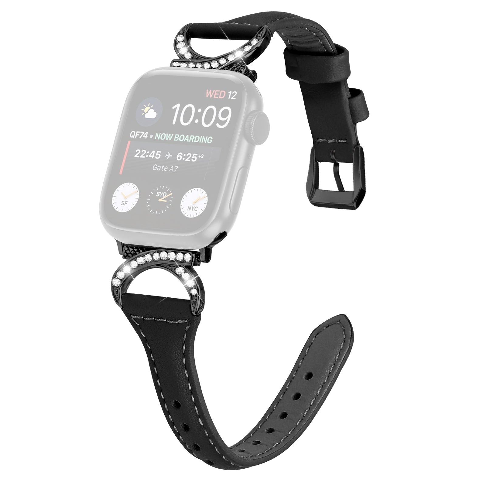 Genuine Cowhide Leather Watch Band for Apple Watch Ultra Ultra 2 49mm Series 8 7 9 45mm Series 6 5 4 SE (2022) SE 44mm Series 3 2 1 42mm Rhinestone Decor Strap with Black Buckle