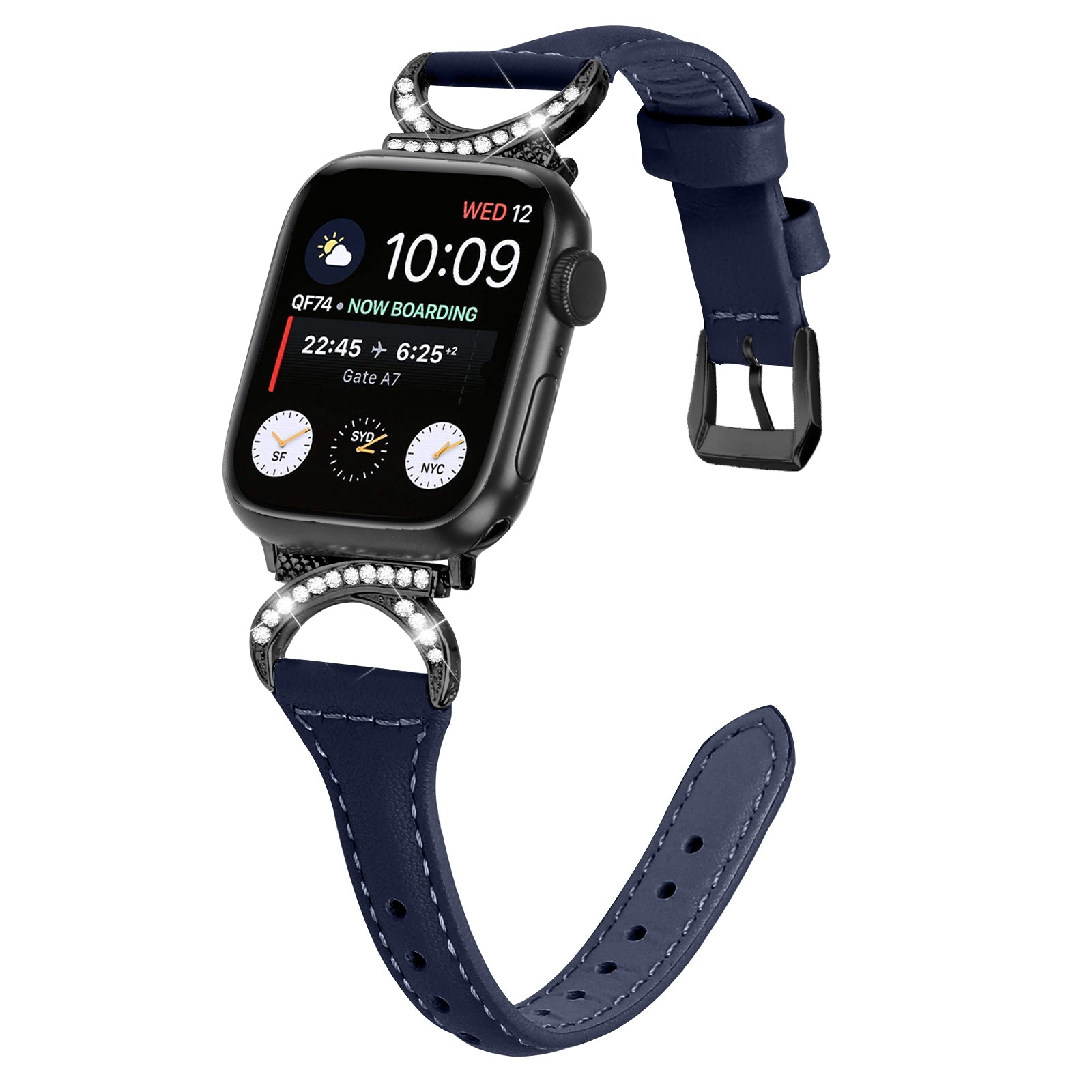 Genuine Cowhide Leather Watch Band for Apple Watch Ultra Ultra 2 49mm Series 8 7 9 45mm Series 6 5 4 SE (2022) SE 44mm Series 3 2 1 42mm Rhinestone Decor Strap with Black Buckle