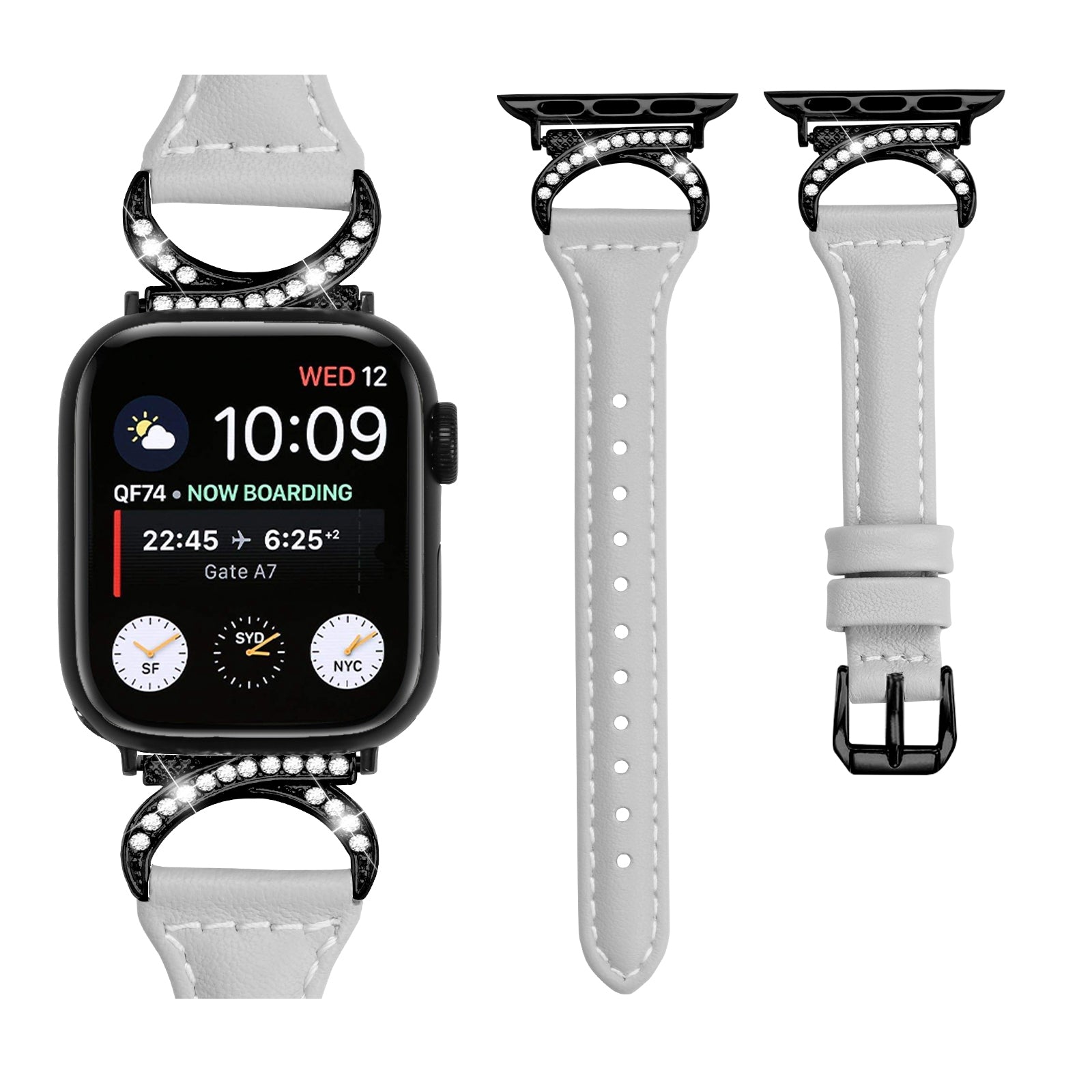 Genuine Cowhide Leather Watch Band for Apple Watch Ultra Ultra 2 49mm Series 8 7 9 45mm Series 6 5 4 SE (2022) SE 44mm Series 3 2 1 42mm Rhinestone Decor Strap with Black Buckle