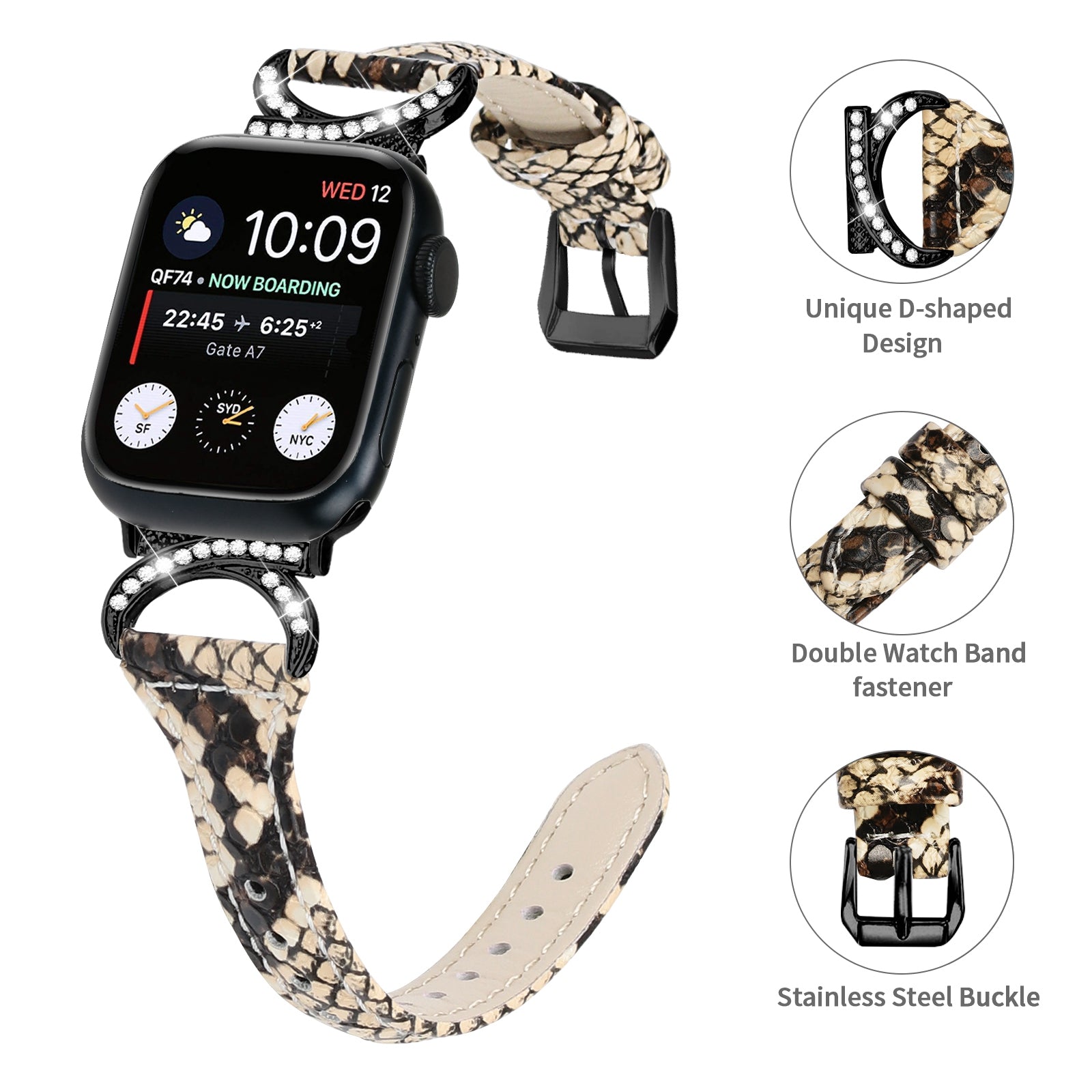 Genuine Cowhide Leather Watch Band for Apple Watch Ultra Ultra 2 49mm Series 8 7 9 45mm Series 6 5 4 SE (2022) SE 44mm Series 3 2 1 42mm Rhinestone Decor Strap with Black Buckle