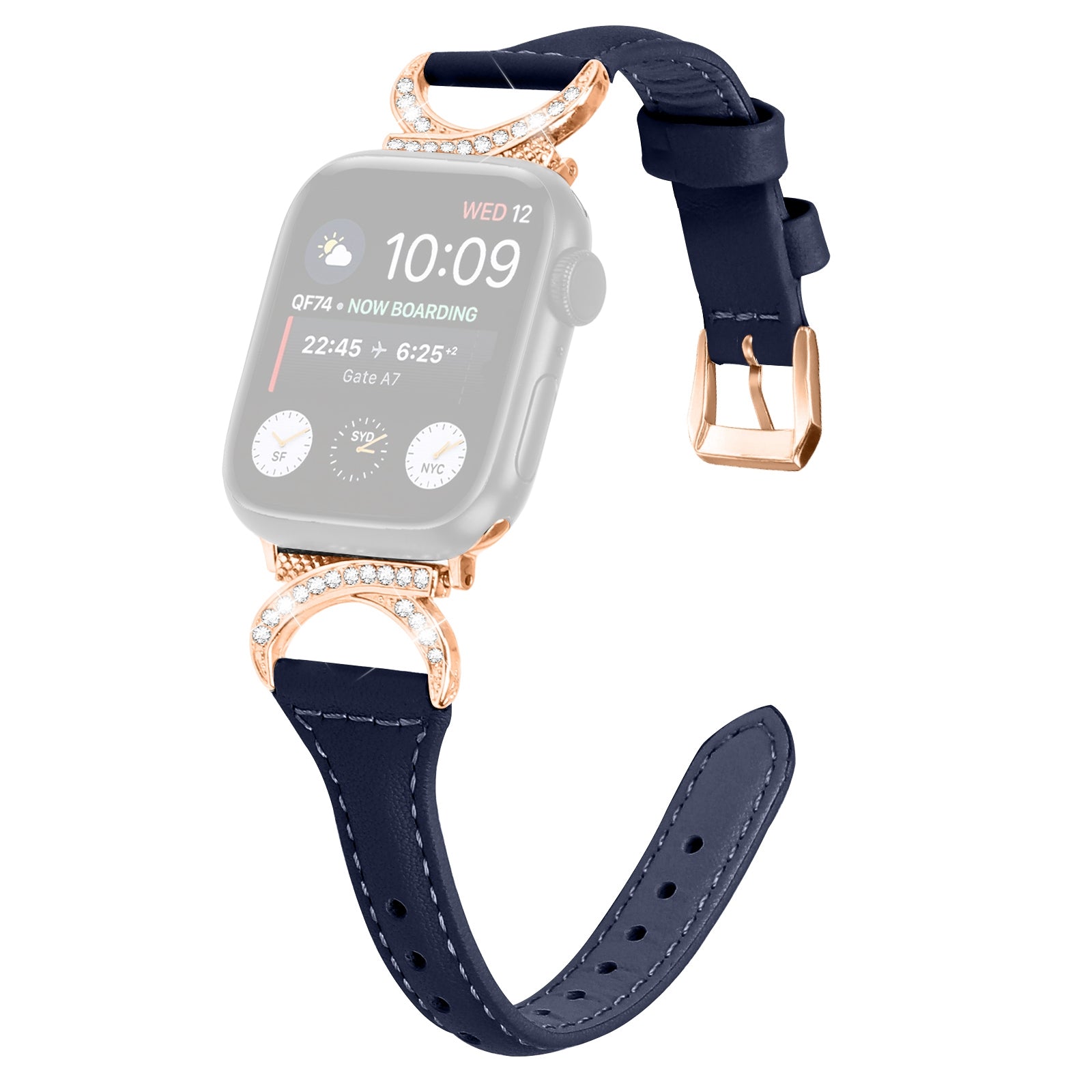 Rhinestone Decor Band for Apple Watch Ultra Ultra 2 49mm Series 8 7 9 45mm Series 6 5 4 SE (2022) SE 44mm Series 3 2 1 42mm Genuine Cowhide Leather Watch Strap with Rose Gold Buckle