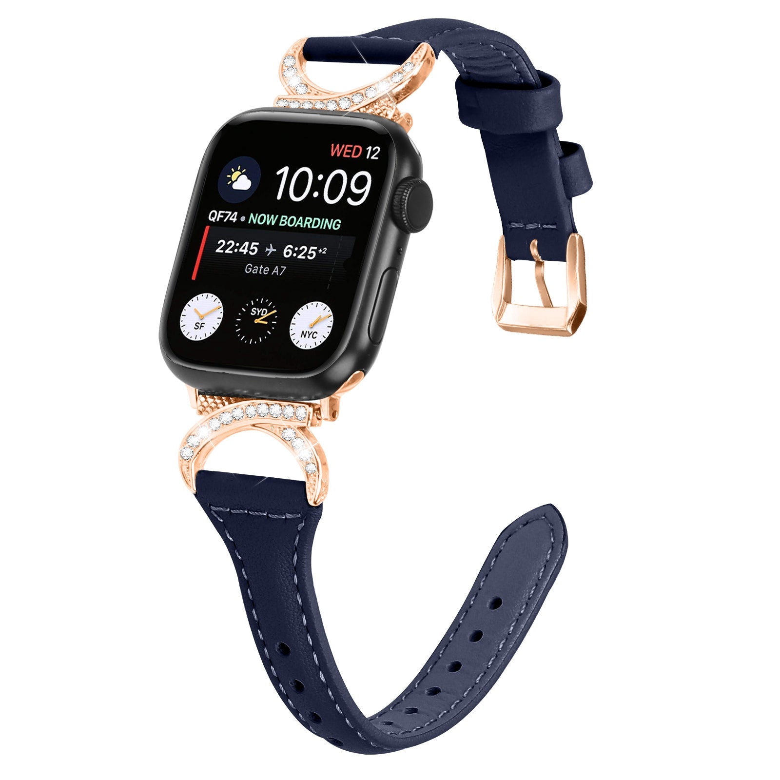 Rhinestone Decor Band for Apple Watch Ultra Ultra 2 49mm Series 8 7 9 45mm Series 6 5 4 SE (2022) SE 44mm Series 3 2 1 42mm Genuine Cowhide Leather Watch Strap with Rose Gold Buckle