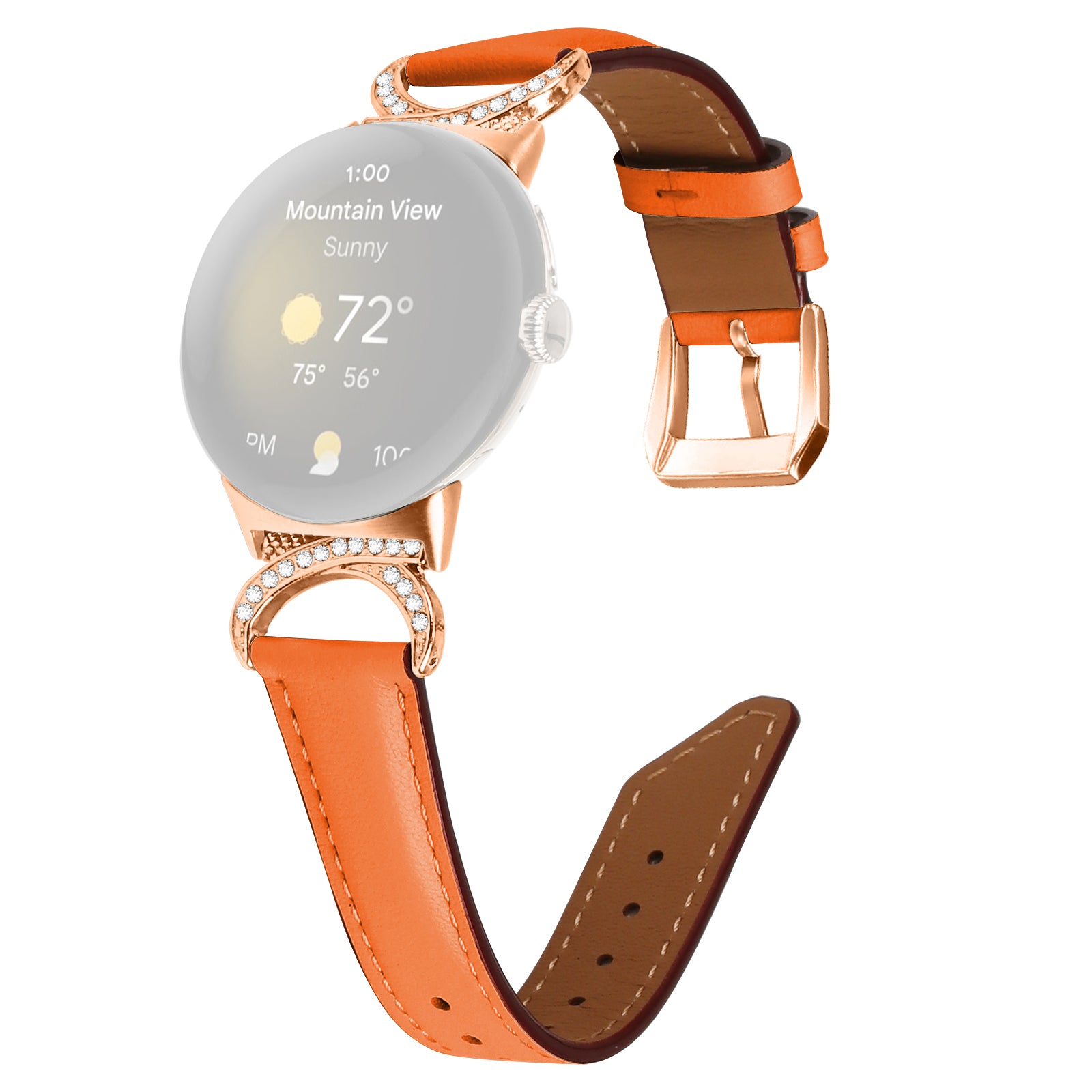 For Google Pixel Watch 2 Pixel Watch Wrist Band Rhinestone Decor D-shape Connector Split Leather Strap with Rose Gold Buckle