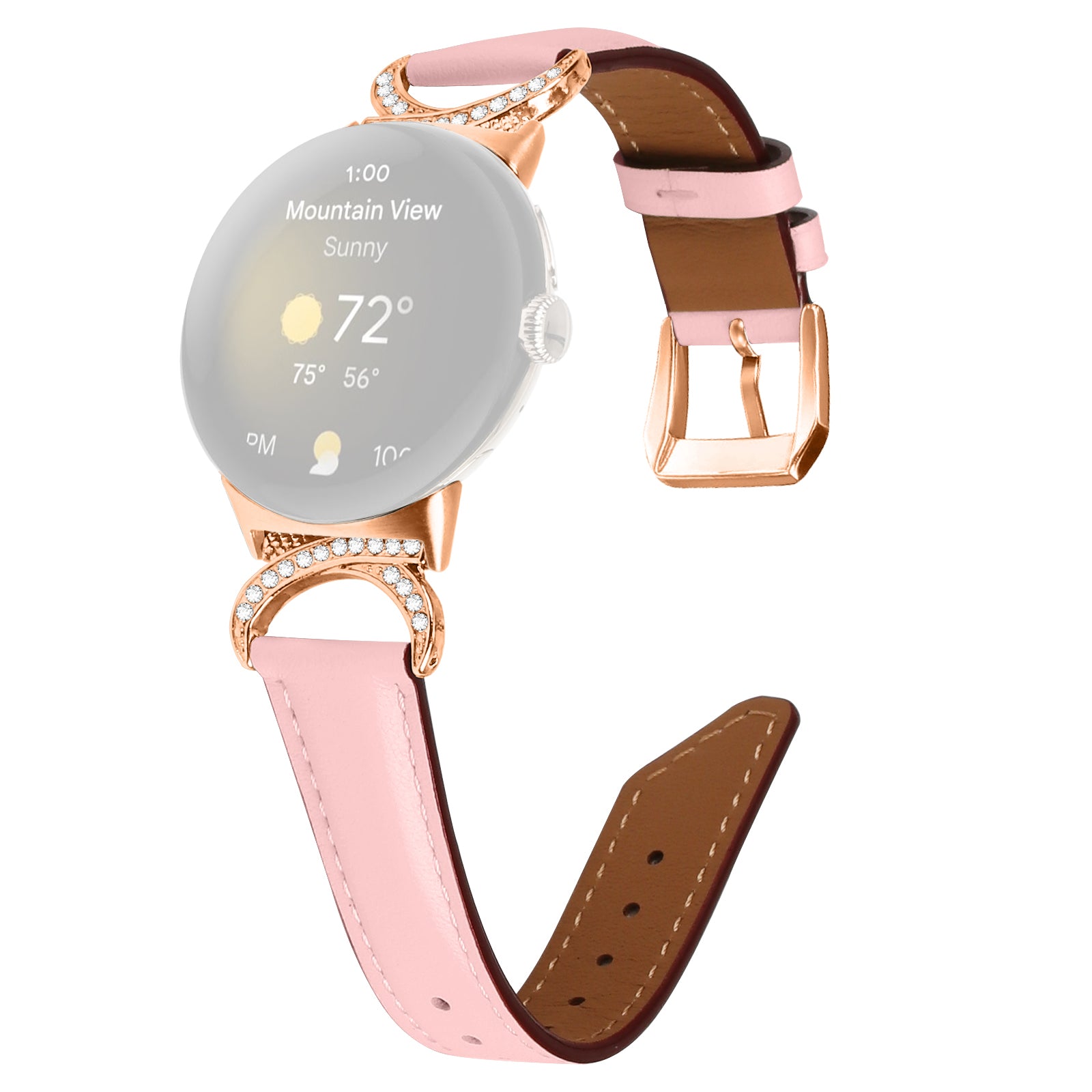 For Google Pixel Watch 2 Pixel Watch Wrist Band Rhinestone Decor D-shape Connector Split Leather Strap with Rose Gold Buckle