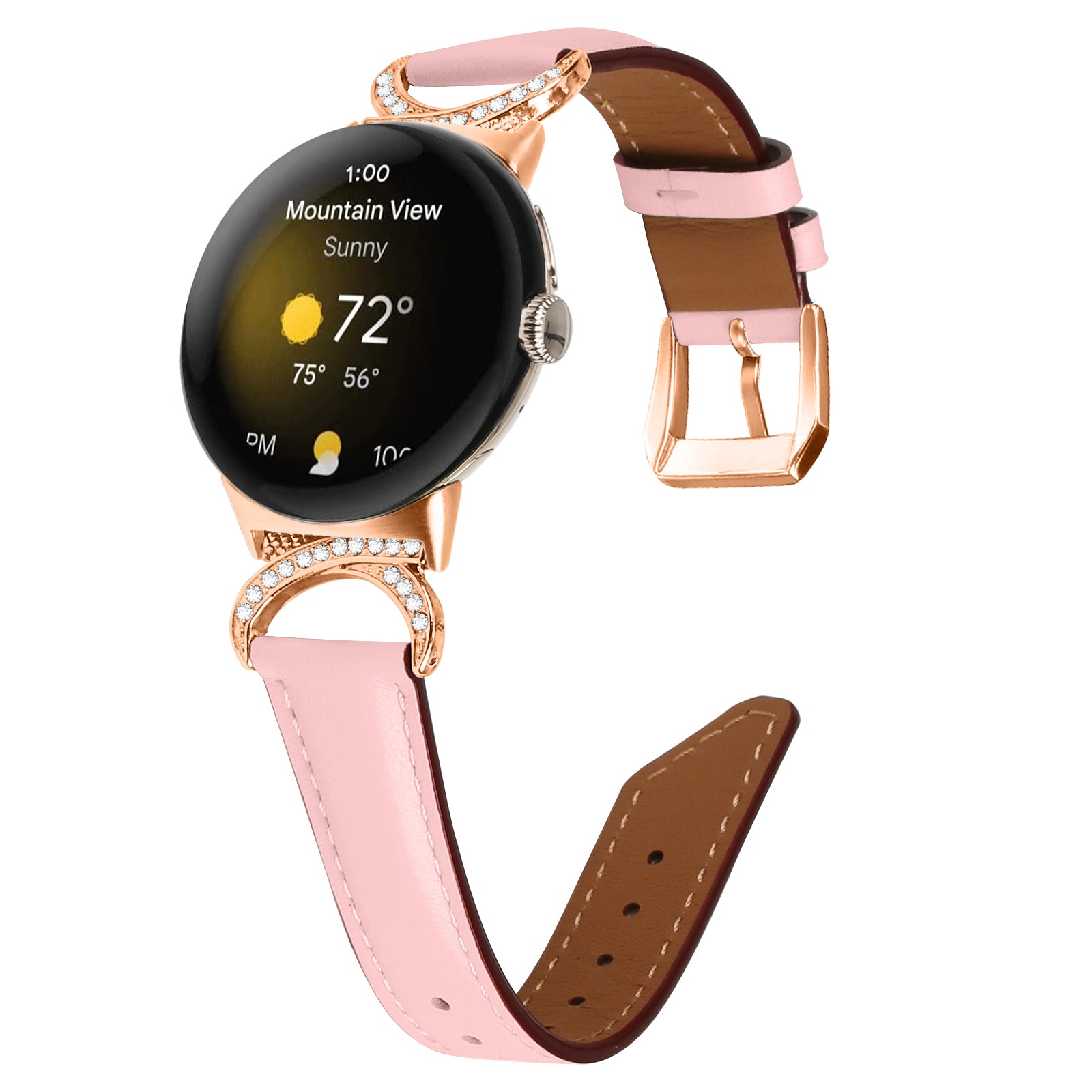 For Google Pixel Watch 2 Pixel Watch Wrist Band Rhinestone Decor D-shape Connector Split Leather Strap with Rose Gold Buckle
