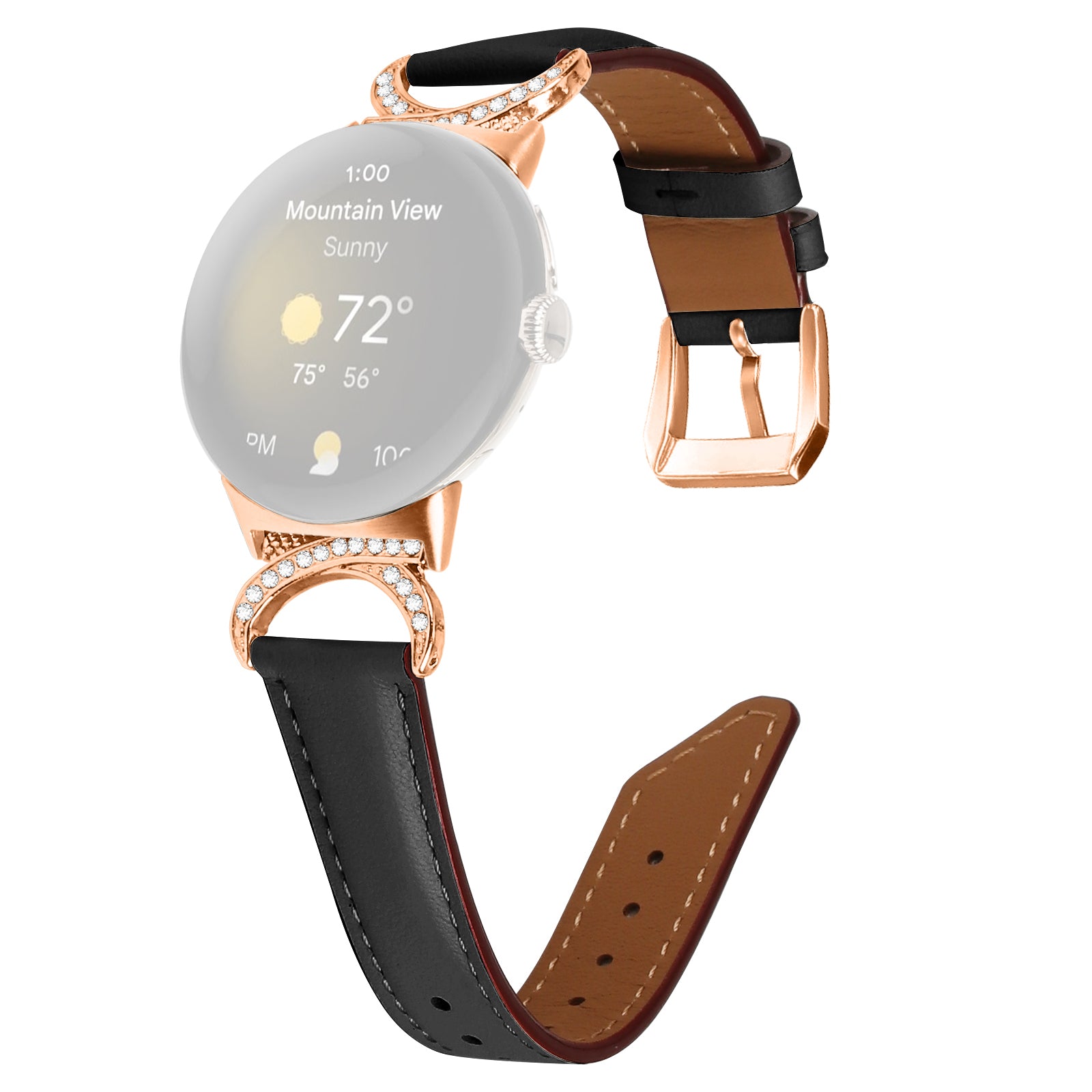 For Google Pixel Watch 2 Pixel Watch Wrist Band Rhinestone Decor D-shape Connector Split Leather Strap with Rose Gold Buckle