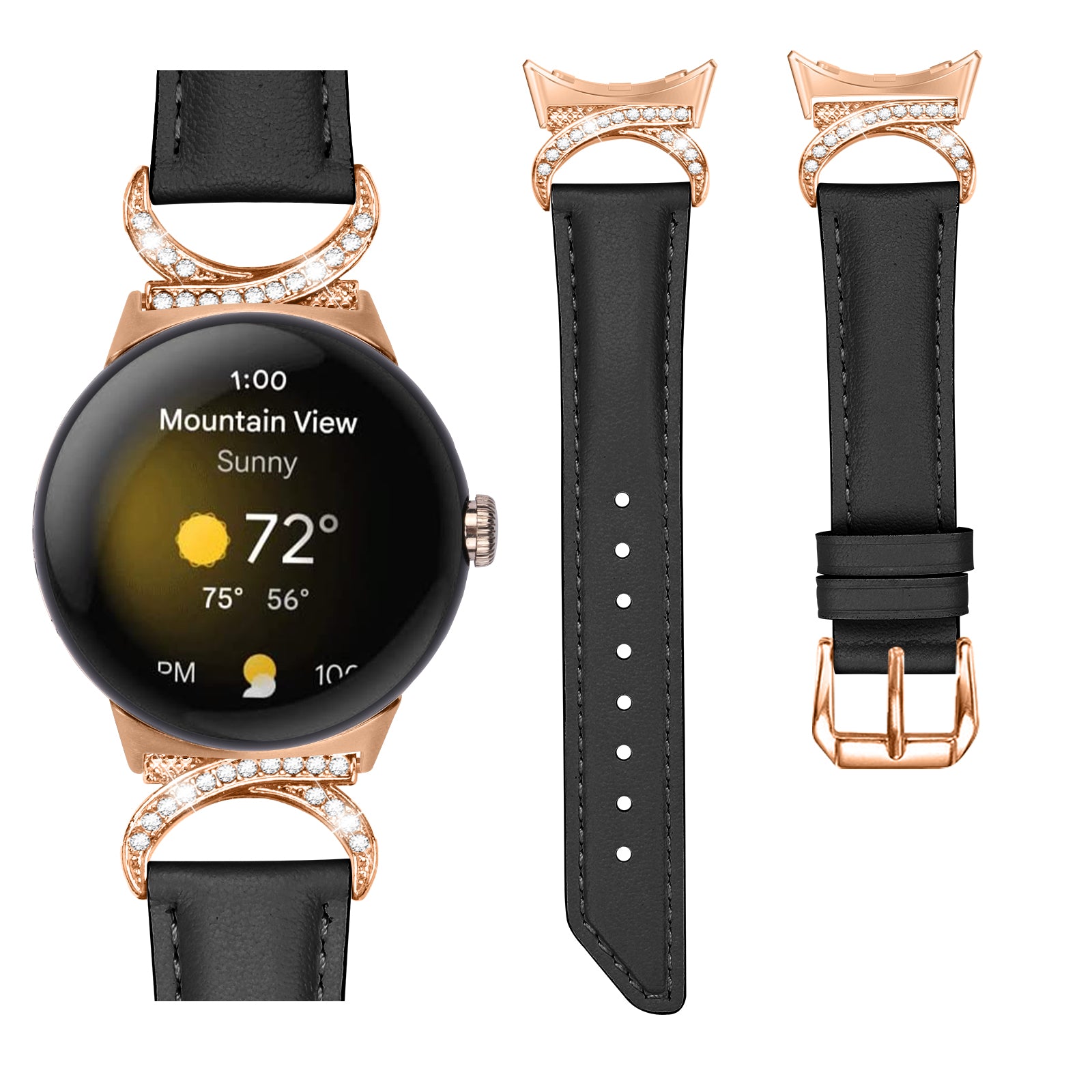 For Google Pixel Watch 2 Pixel Watch Wrist Band Rhinestone Decor D-shape Connector Split Leather Strap with Rose Gold Buckle
