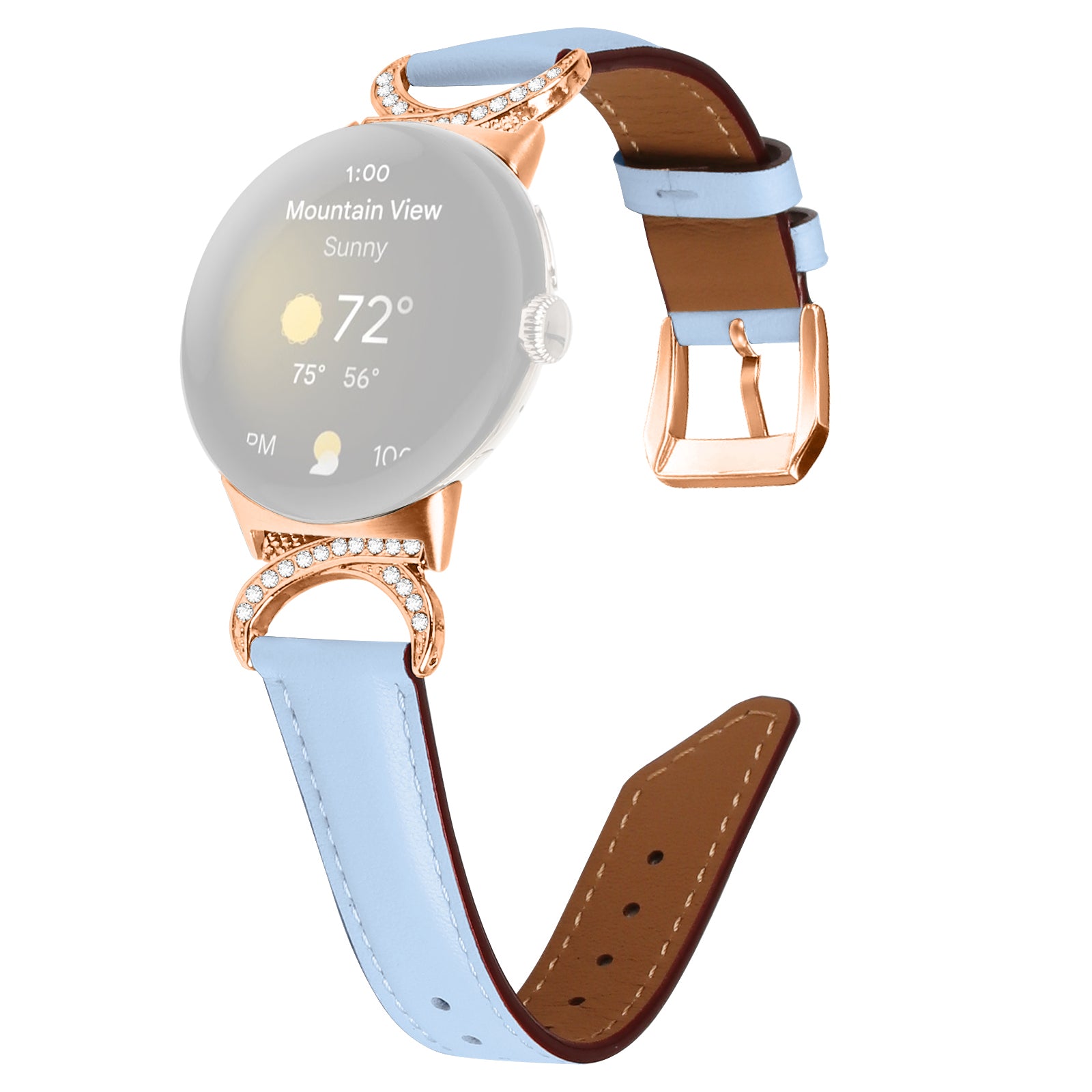 For Google Pixel Watch 2 Pixel Watch Wrist Band Rhinestone Decor D-shape Connector Split Leather Strap with Rose Gold Buckle