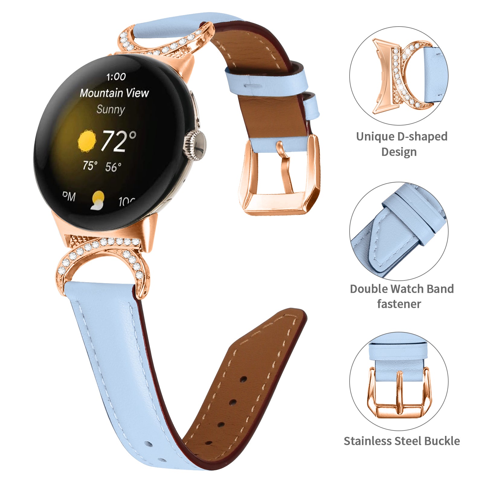 For Google Pixel Watch 2 Pixel Watch Wrist Band Rhinestone Decor D-shape Connector Split Leather Strap with Rose Gold Buckle