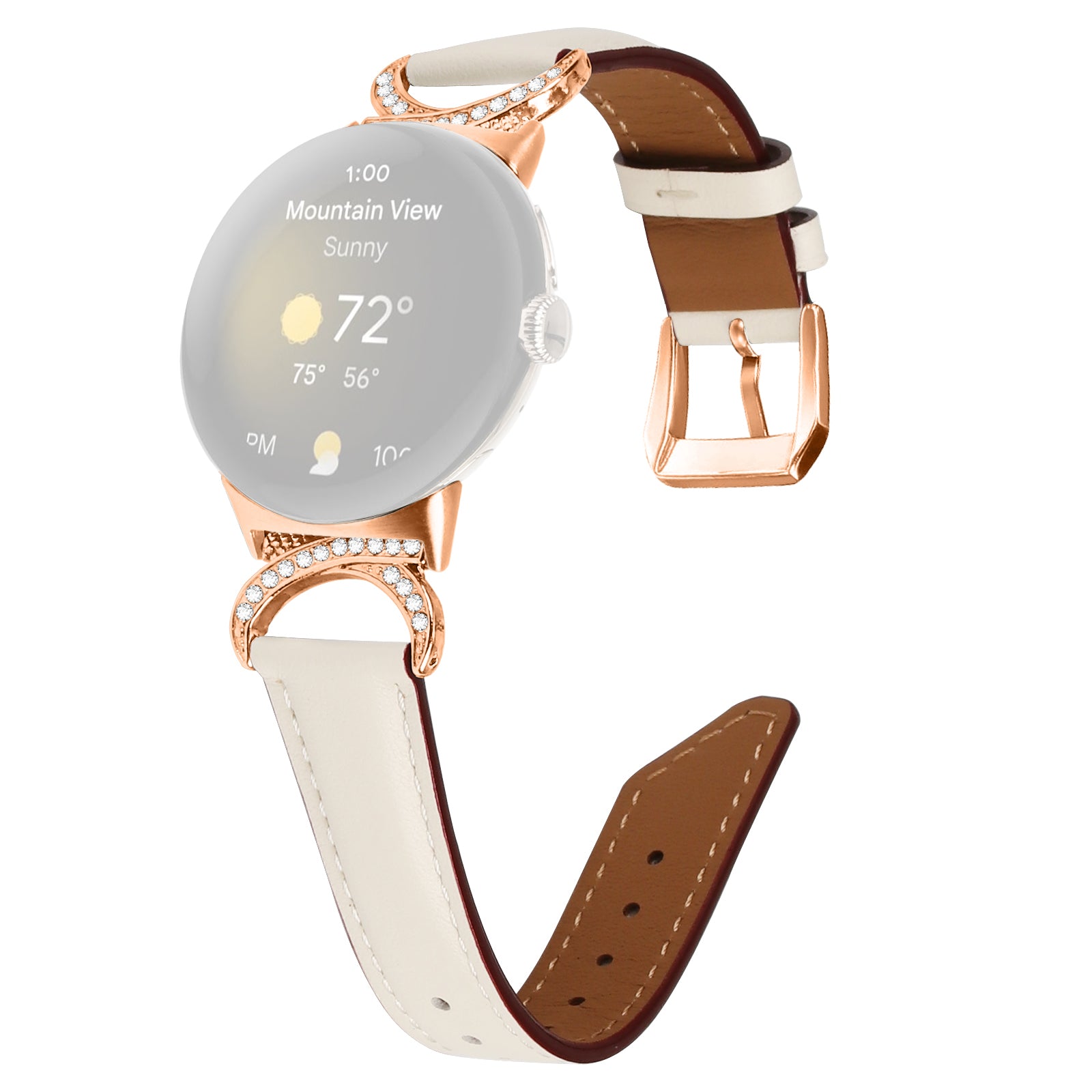 For Google Pixel Watch 2 Pixel Watch Wrist Band Rhinestone Decor D-shape Connector Split Leather Strap with Rose Gold Buckle