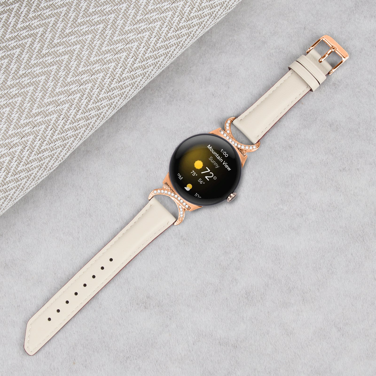 For Google Pixel Watch 2 Pixel Watch Wrist Band Rhinestone Decor D-shape Connector Split Leather Strap with Rose Gold Buckle