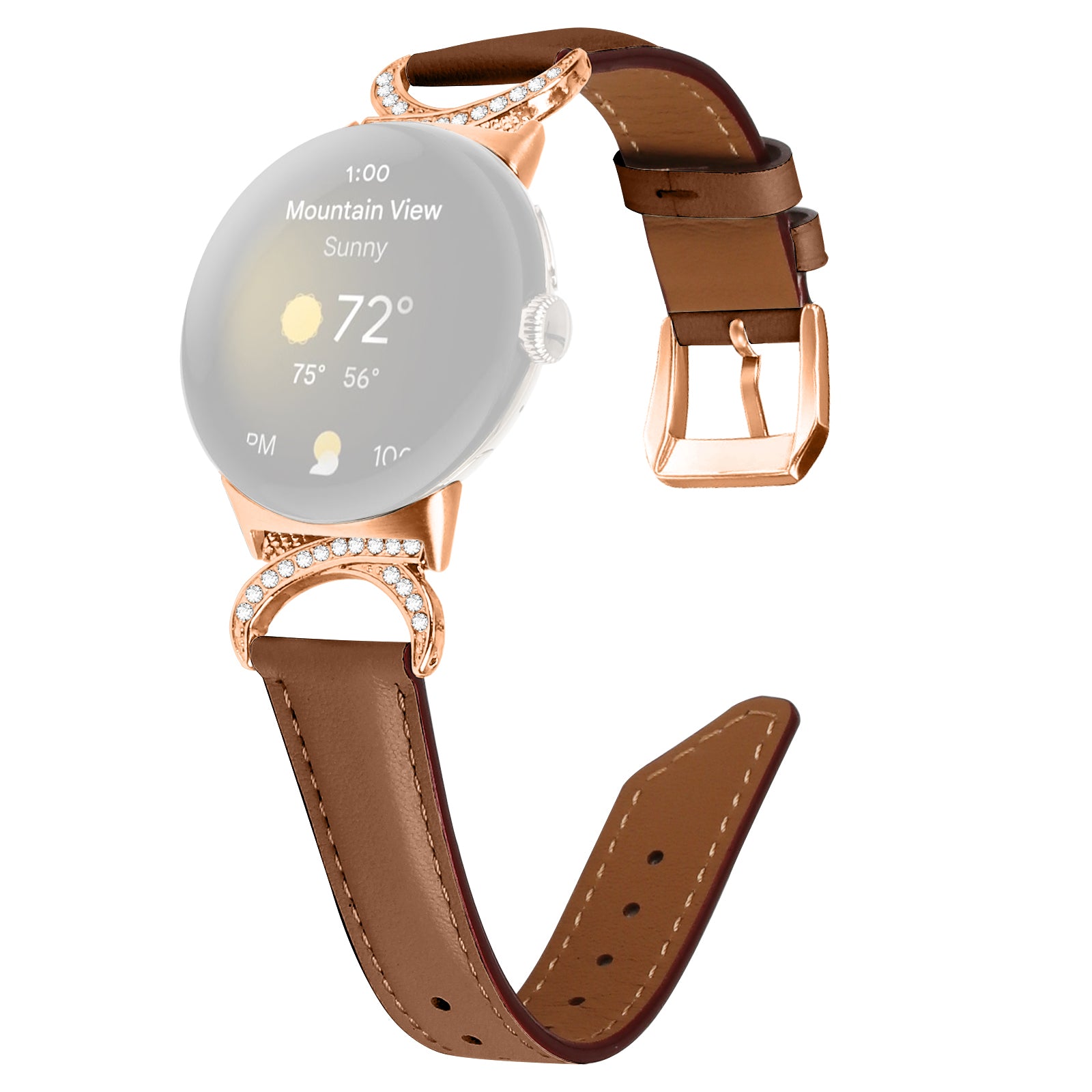 For Google Pixel Watch 2 Pixel Watch Wrist Band Rhinestone Decor D-shape Connector Split Leather Strap with Rose Gold Buckle