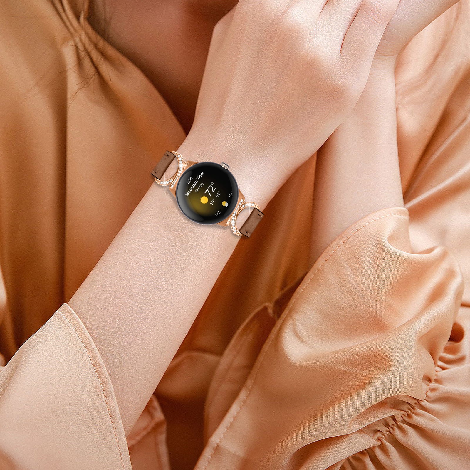 For Google Pixel Watch 2 Pixel Watch Wrist Band Rhinestone Decor D-shape Connector Split Leather Strap with Rose Gold Buckle