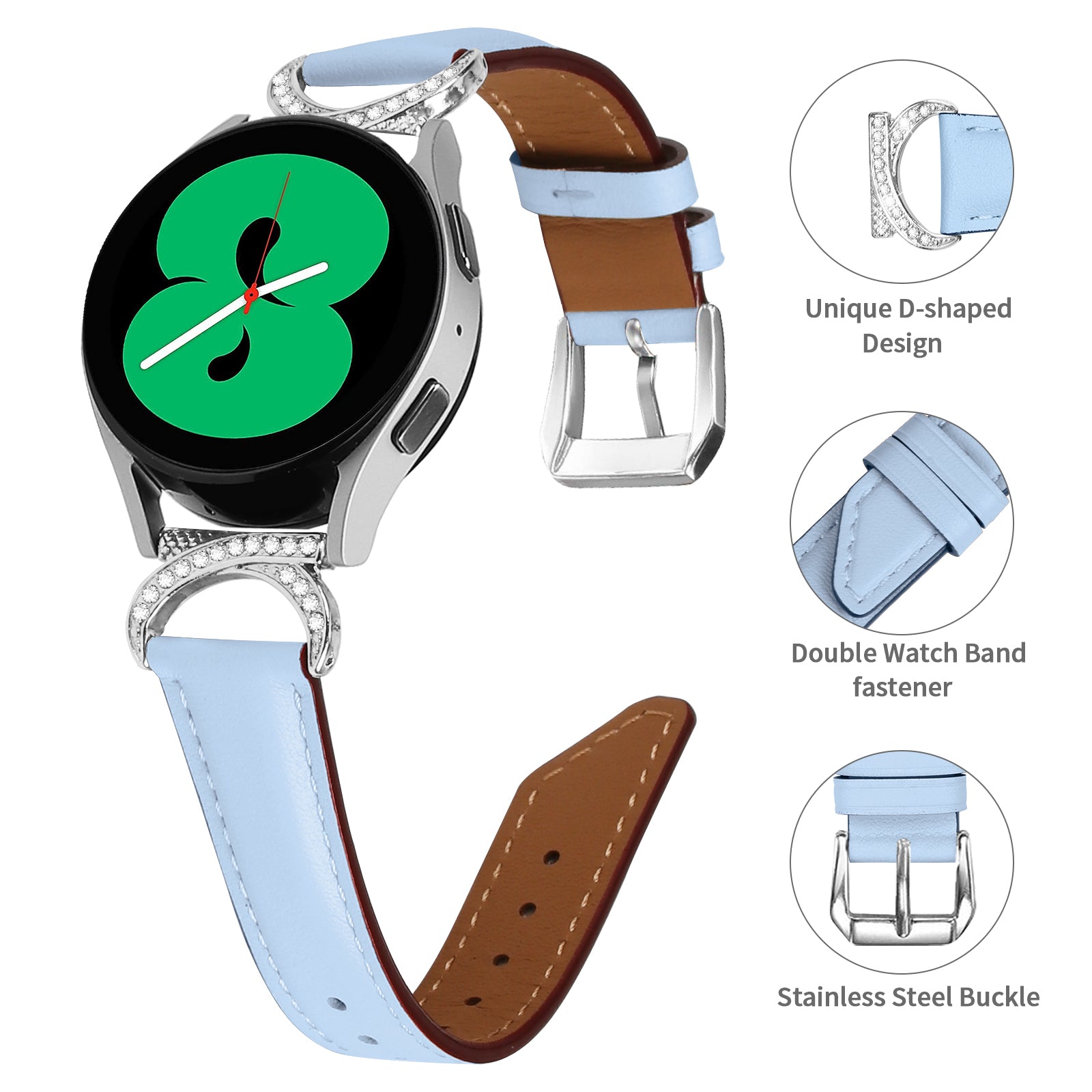 For Samsung Galaxy Watch 3 41mm Watch 5 40mm 44mm Replacement Strap 20mm Rhinestone D-shape Connector Split Leather Band with Silver Buckle