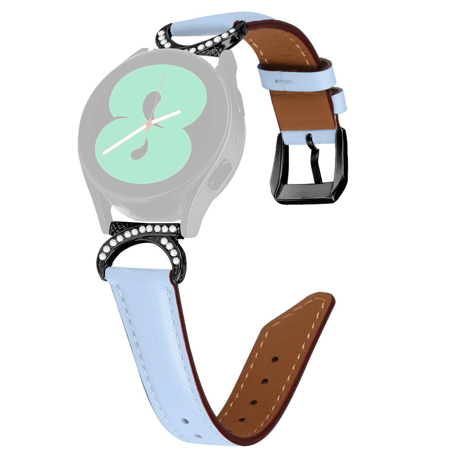 For Samsung Galaxy Watch 3 41mm Watch 5 40mm 44mm Replacement Wrist Band 20mm Rhinestone D-shape Connector Split Leather Strap with Black Buckle