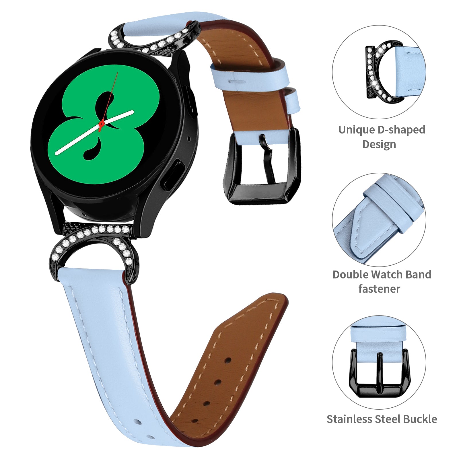 For Samsung Galaxy Watch 3 41mm Watch 5 40mm 44mm Replacement Wrist Band 20mm Rhinestone D-shape Connector Split Leather Strap with Black Buckle