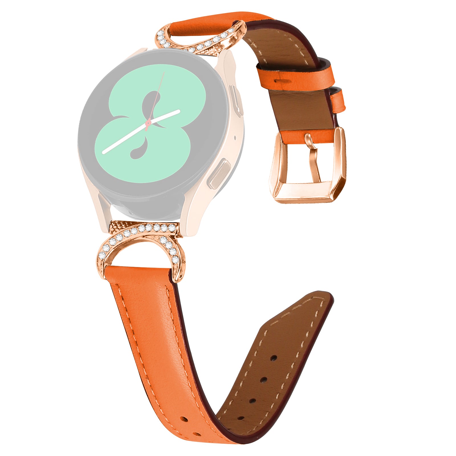 For Samsung Galaxy Watch 3 41mm Watch 5 40mm 44mm Split Leather Strap 20mm Rhinestone D-shape Connector Wrist Band with Rose Gold Buckle