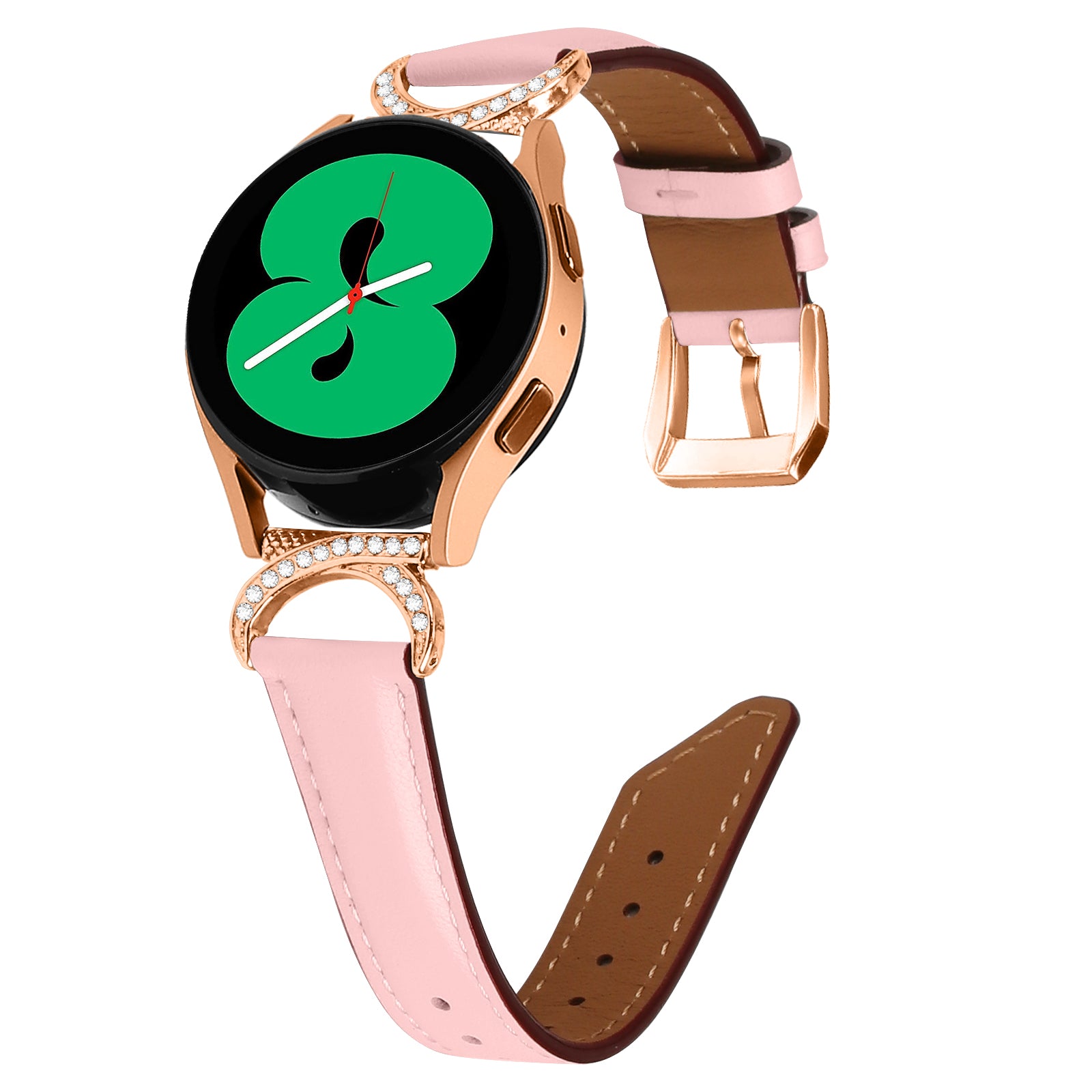 For Samsung Galaxy Watch 3 41mm Watch 5 40mm 44mm Split Leather Strap 20mm Rhinestone D-shape Connector Wrist Band with Rose Gold Buckle