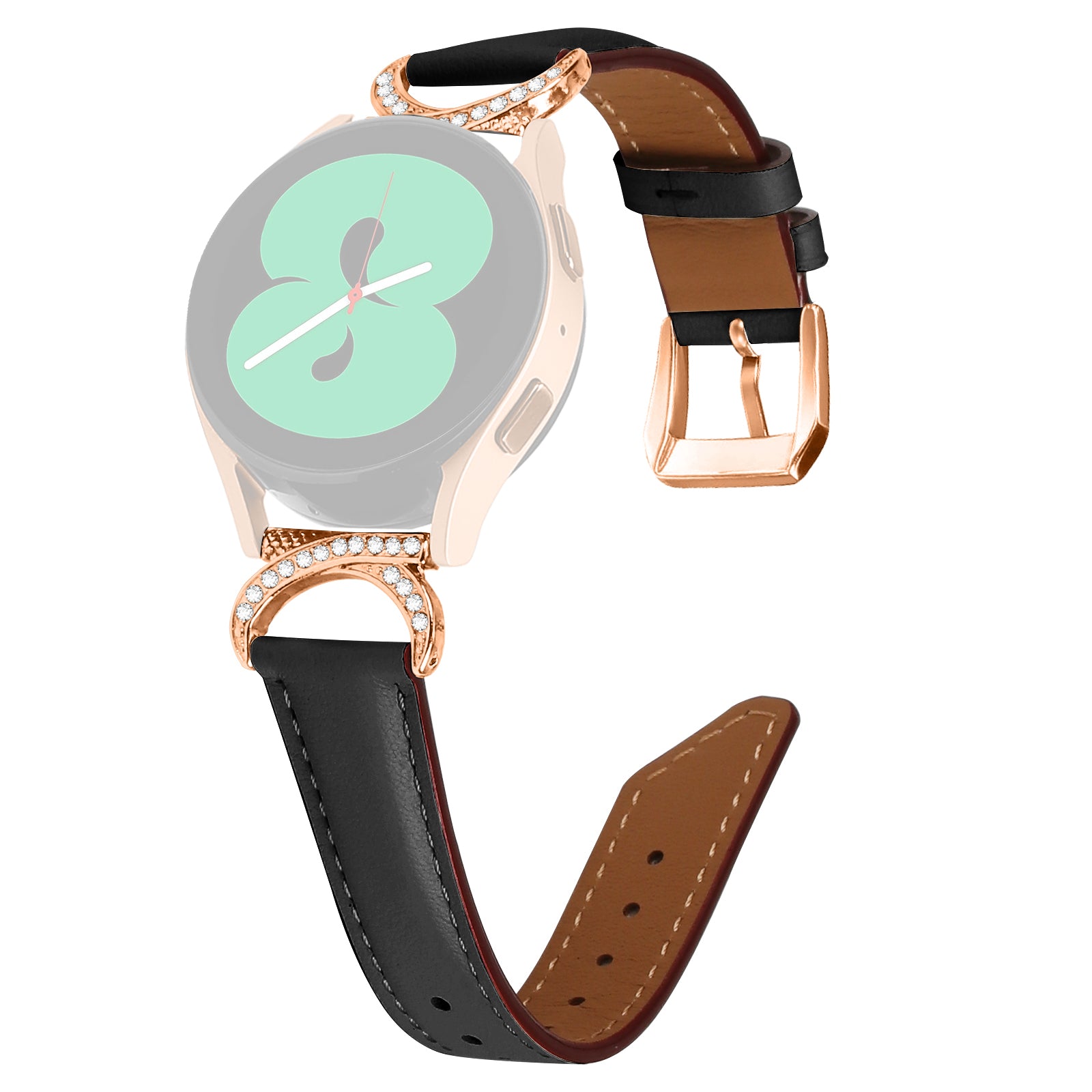 For Samsung Galaxy Watch 3 41mm Watch 5 40mm 44mm Split Leather Strap 20mm Rhinestone D-shape Connector Wrist Band with Rose Gold Buckle
