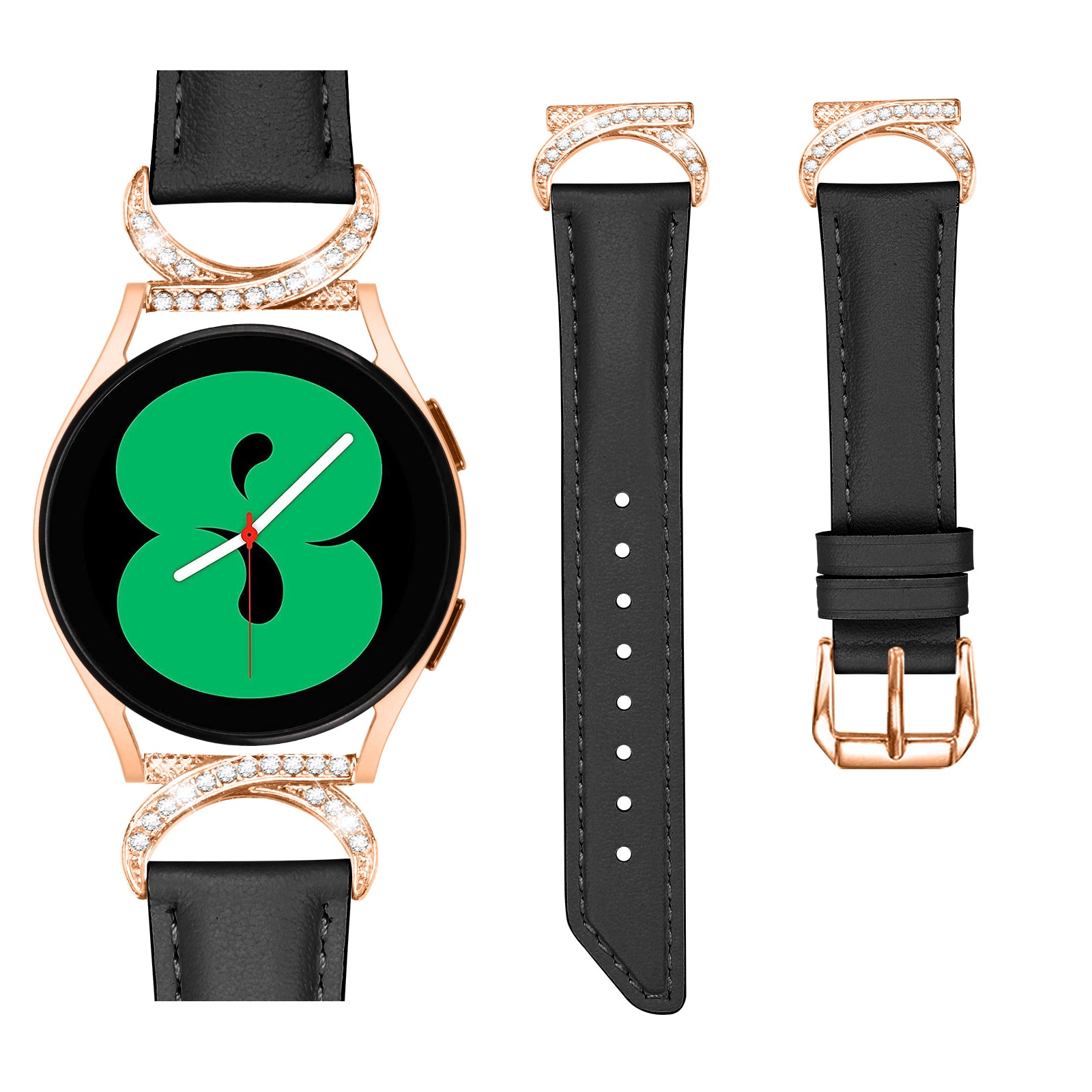 For Samsung Galaxy Watch 3 41mm Watch 5 40mm 44mm Split Leather Strap 20mm Rhinestone D-shape Connector Wrist Band with Rose Gold Buckle